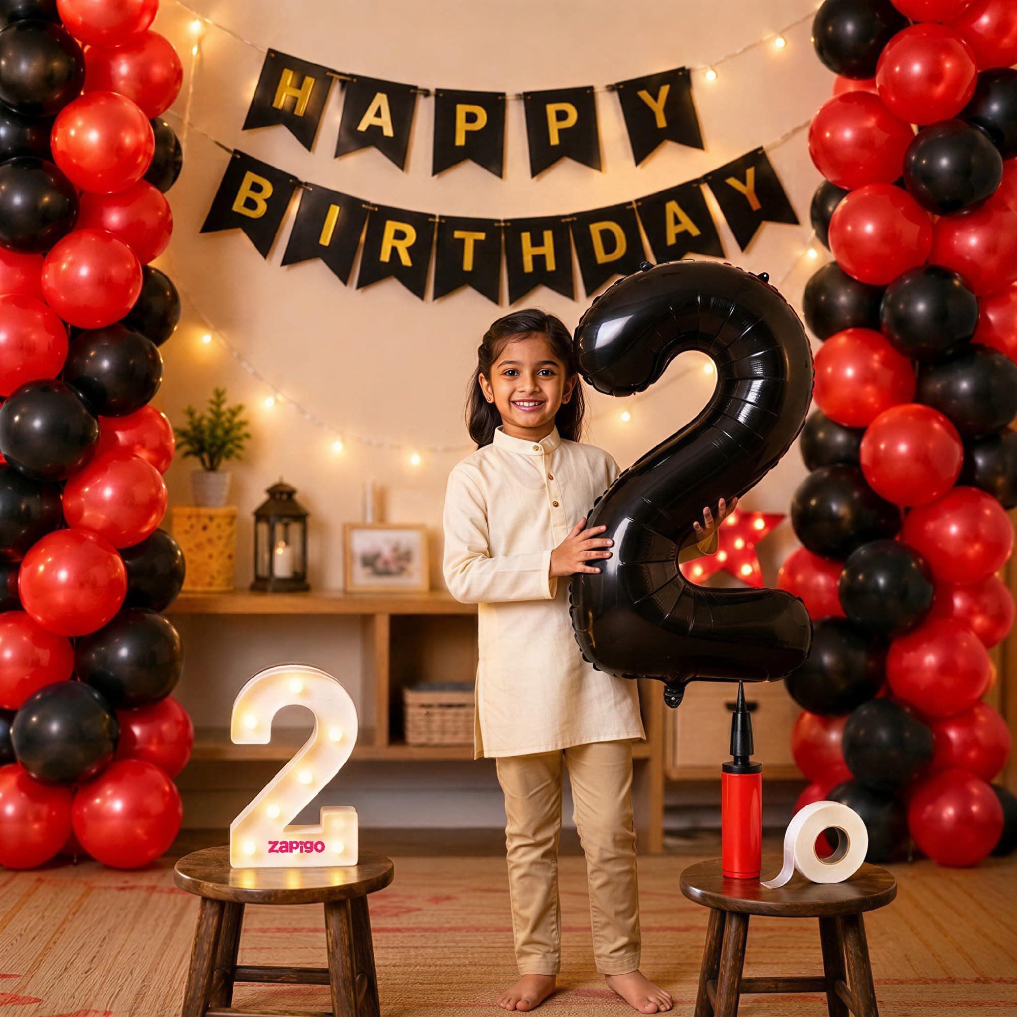 Balloonistics 2nd Birthday Decoration Combo Kit - 40 Inch Black Foil Number Balloon, LED Marquee Light, 50 Black & Red Balloons, Happy Birthday Banner, Balloon Pump & Glue Dots