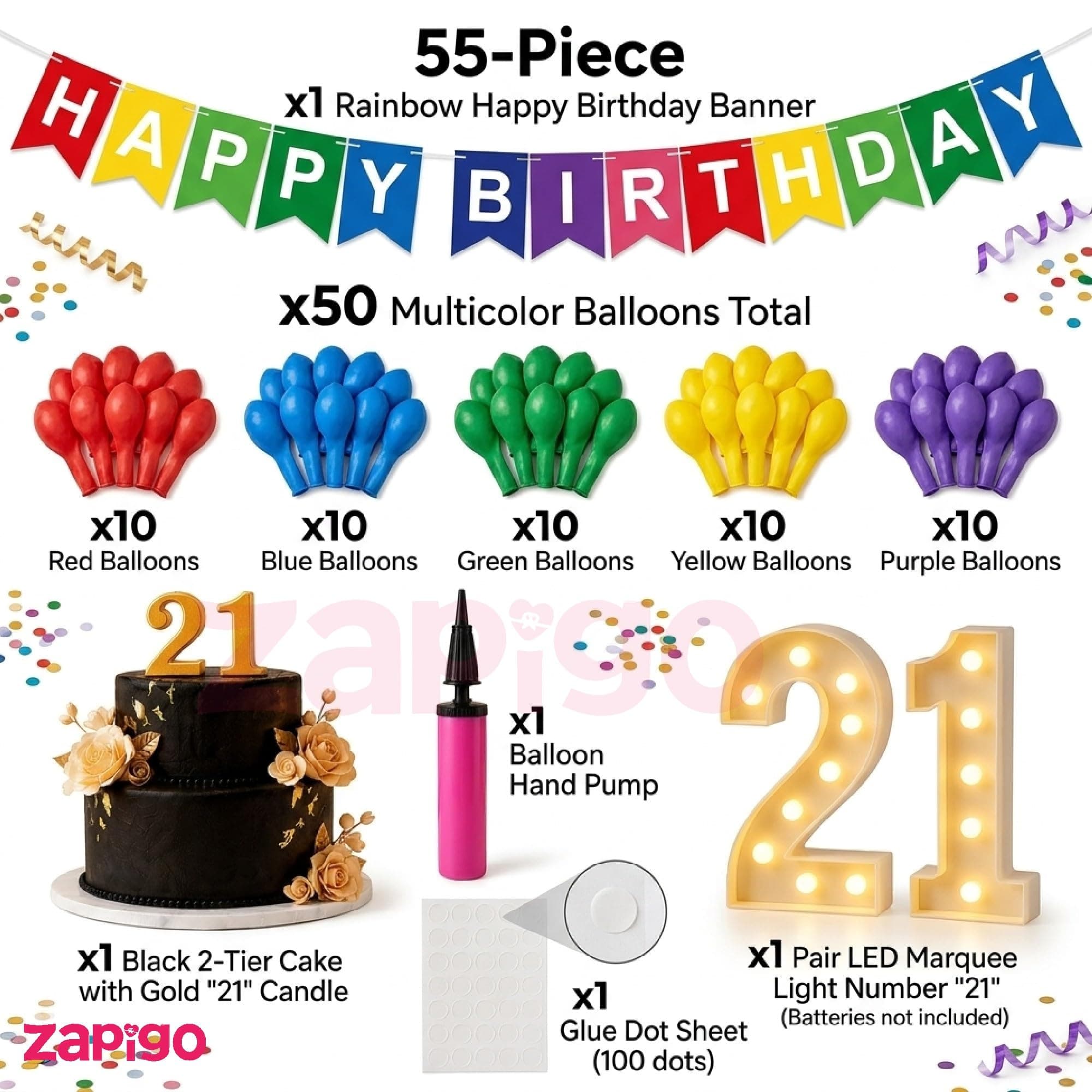 Balloonistics 55 Pcs 21st Birthday Decoration Kit - Number 21 Foil Balloons, Happy Birthday Banner, Latex Balloons & Arch Tools for Party Room Decor, Photo Booth Backdrop, Balloon Garland thumbnail 5