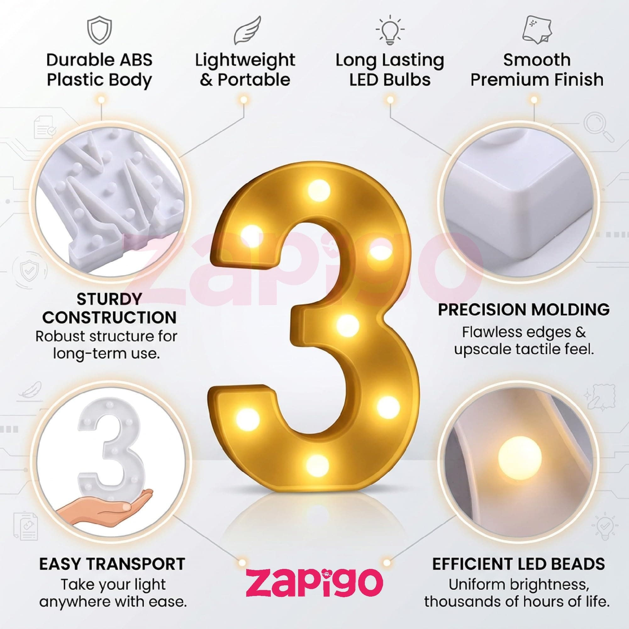 Balloonistics LED Marquee Number 3 Light - 9-Inch Cordless Battery-Operated Warm White Light Up Number Sign for 3rd Birthday, Anniversary, Wedding, Party Decoration, Photo Booth Backdrop thumbnail 5