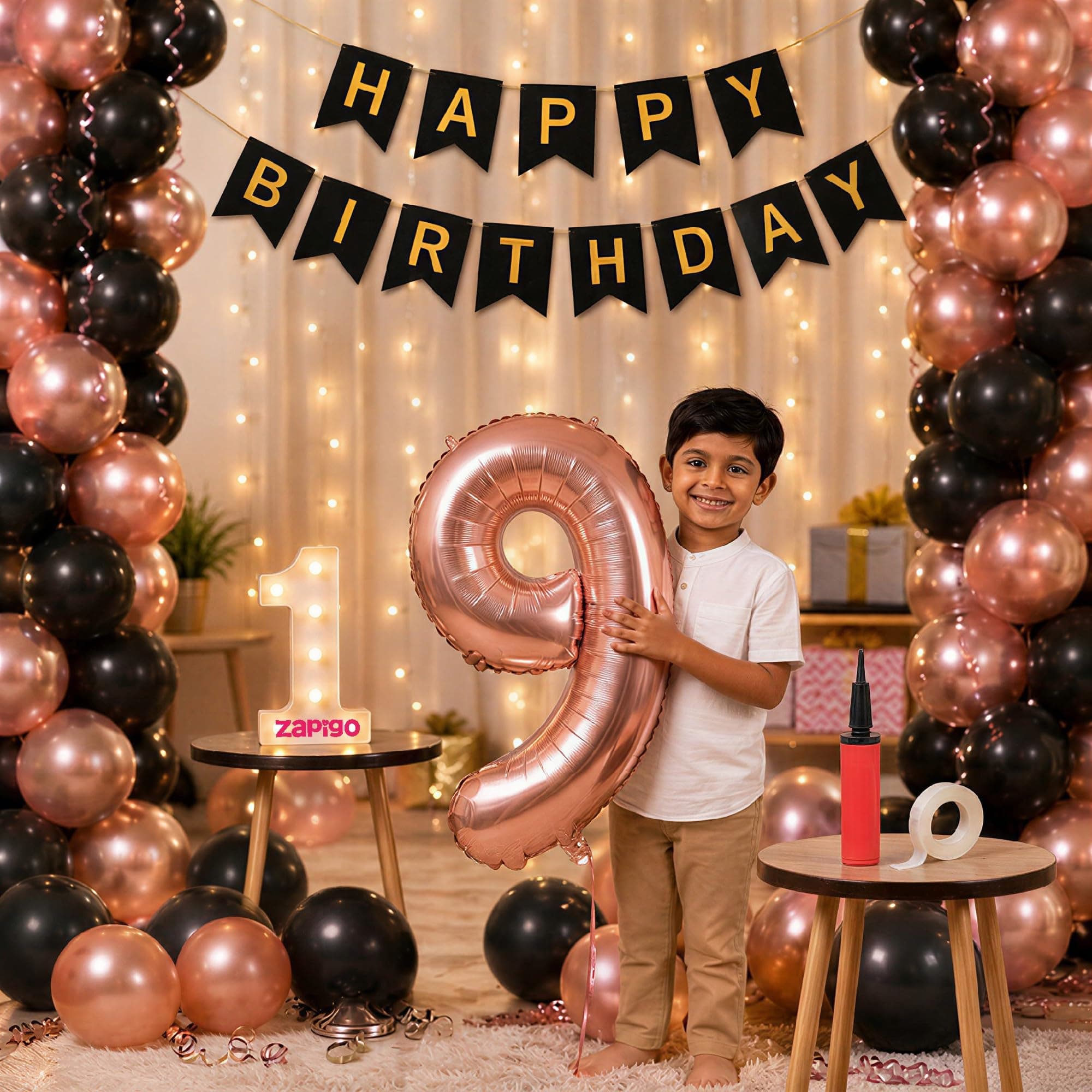 Balloonistics 9th Birthday Decoration Combo Kit - 40 Inch Rose Gold Foil Number Balloon, LED Marquee Light, 50 Rose Gold & Black Balloons, Happy Birthday Banner, Balloon Pump & Glue Dots