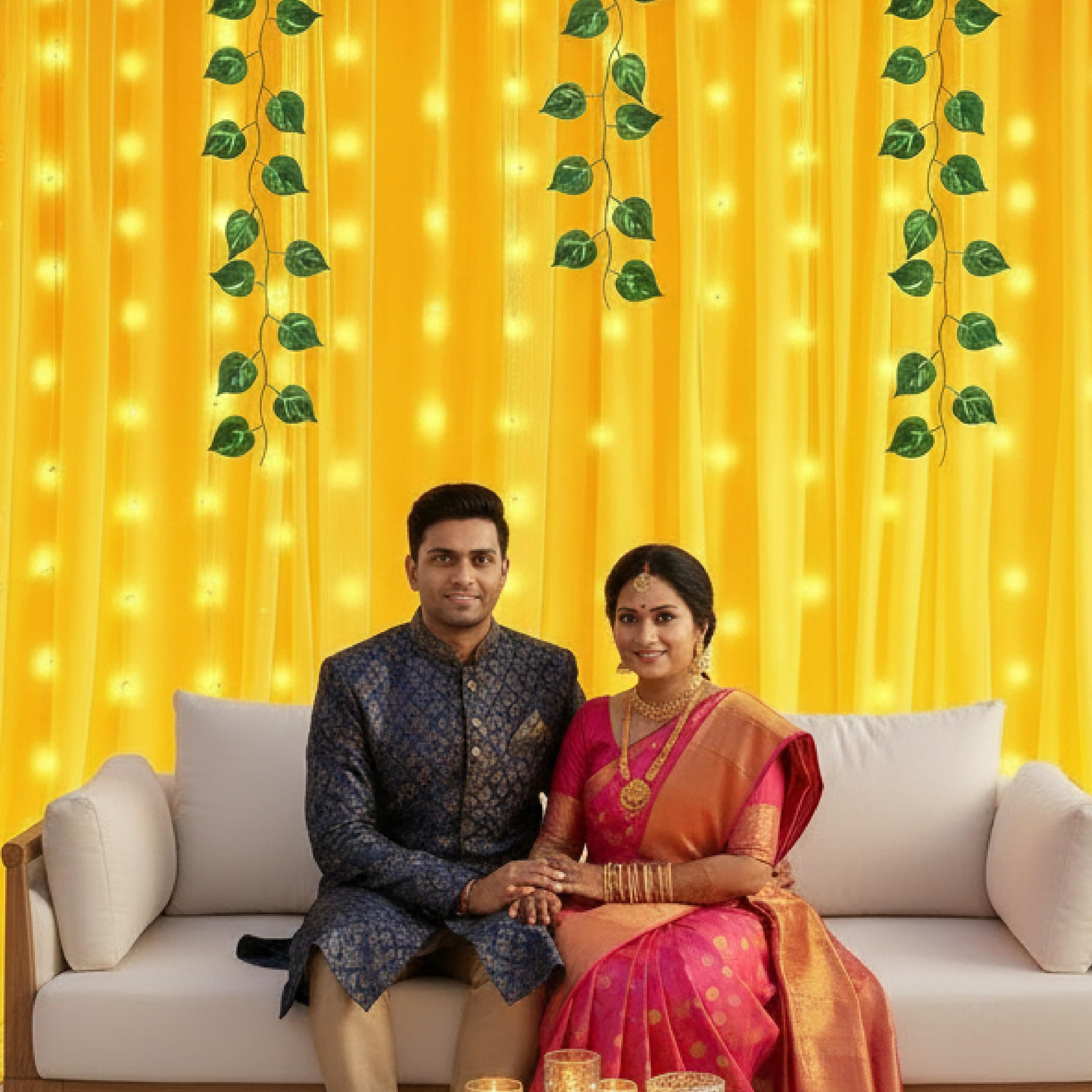 Balloonistics 8 Pcs Haldi Backdrop Decoration Kit – Vibrant Yellow Net Curtains with Money Plant Vines, Hooks & Ribbon – DIY Home Celebration Set for Haldi, Mehendi & Pooja thumbnail 8