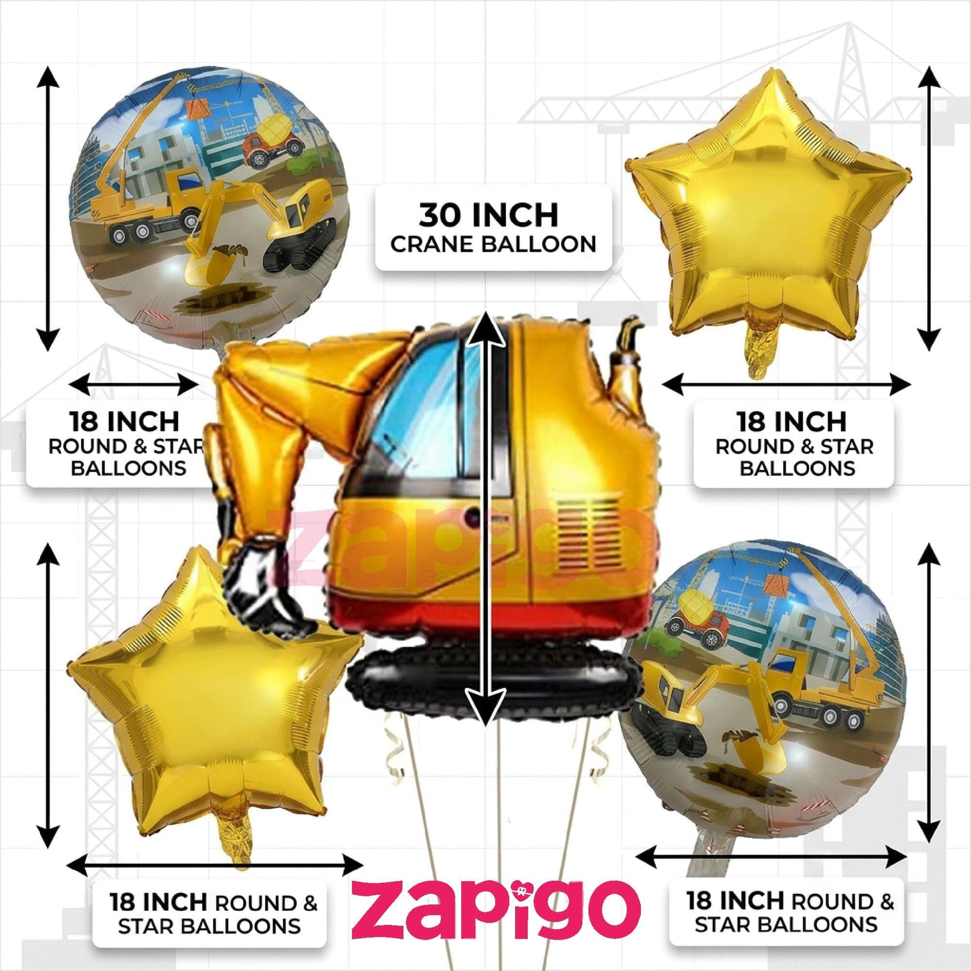 Balloonistics Crane Construction Theme Happy Birthday Balloon Bouquet Pack Of 5 thumbnail 3