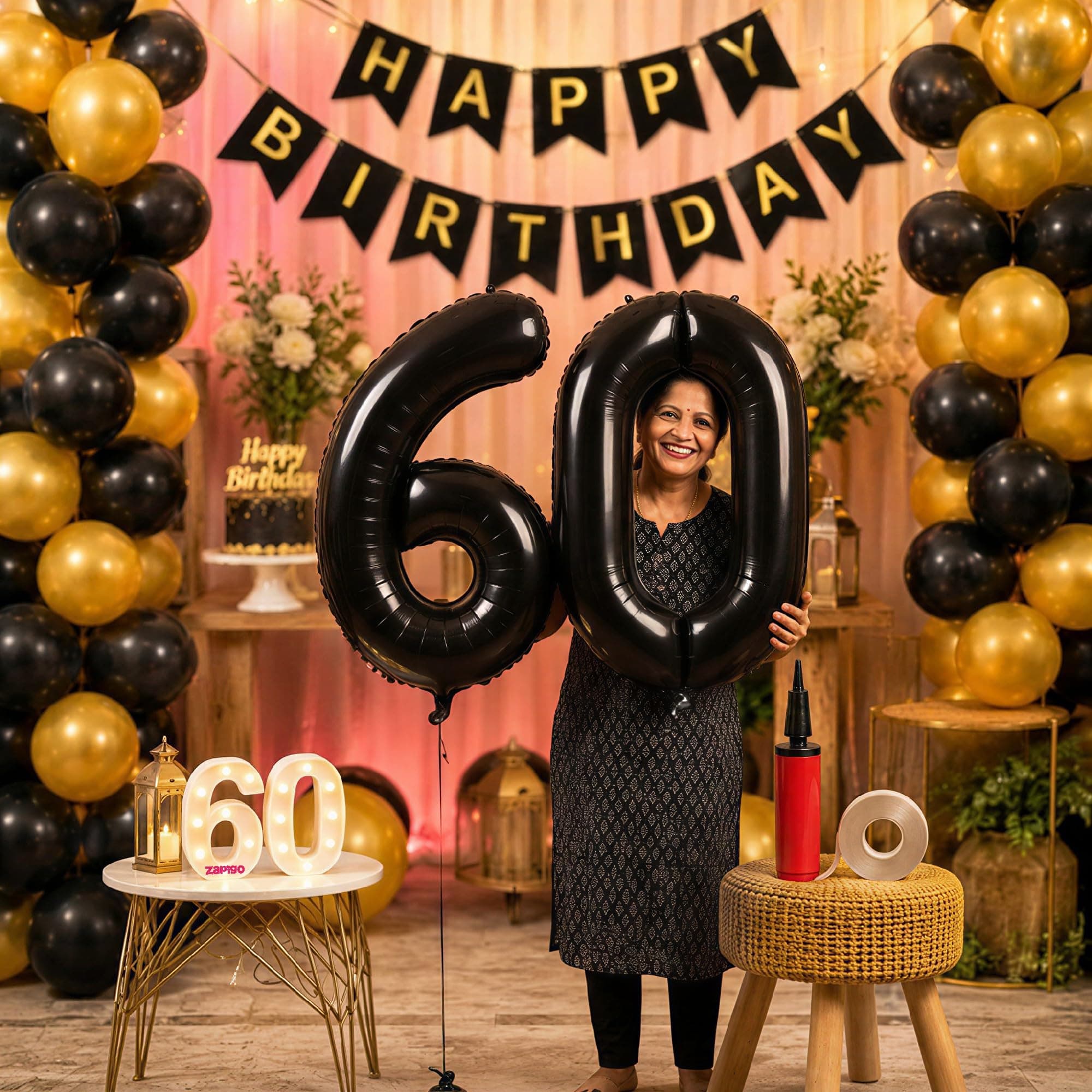 Balloonistics 60th Birthday Decoration Combo Kit - 40 Inch Black Foil Number Balloon, LED Marquee Light, 50 Black & Gold Balloons, Happy Birthday Banner, Balloon Pump & Glue Dots thumbnail 1