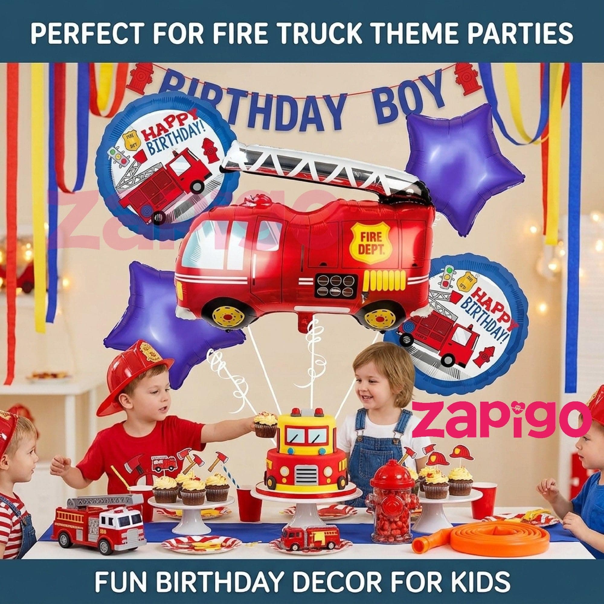 Balloonistics Firetruck Theme Happy Birthday Balloon Bouquet Pack Of 5 thumbnail 3