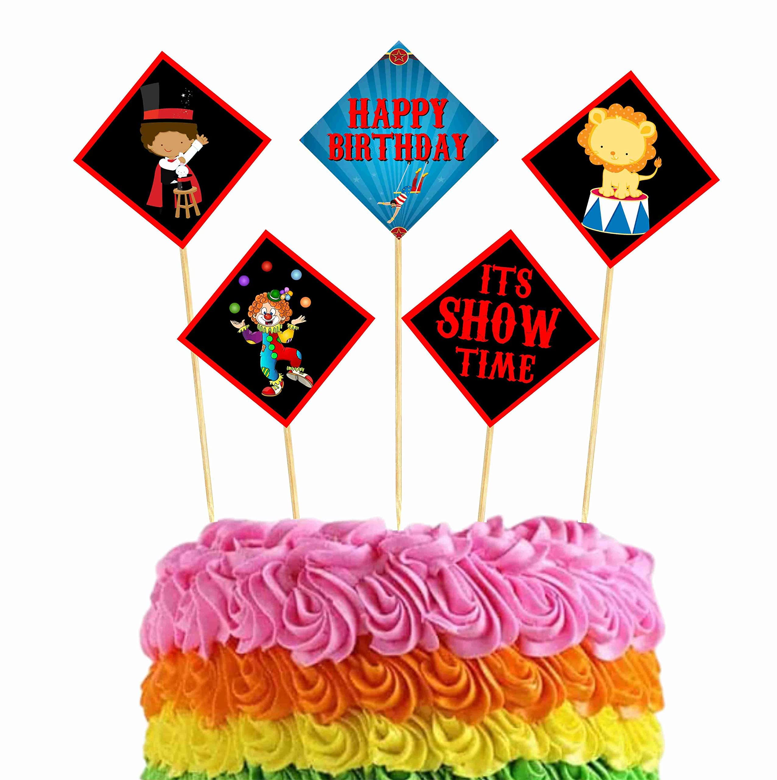 Balloonistics Circus Theme Cake Topper - Large Double-Sided Cardstock Cake Decoration with Big Top Tent & Star Designs - Greatest Showman, Carnival Birthday Party Supplies for Kids (Cake Topper - Pack of 10) thumbnail 1