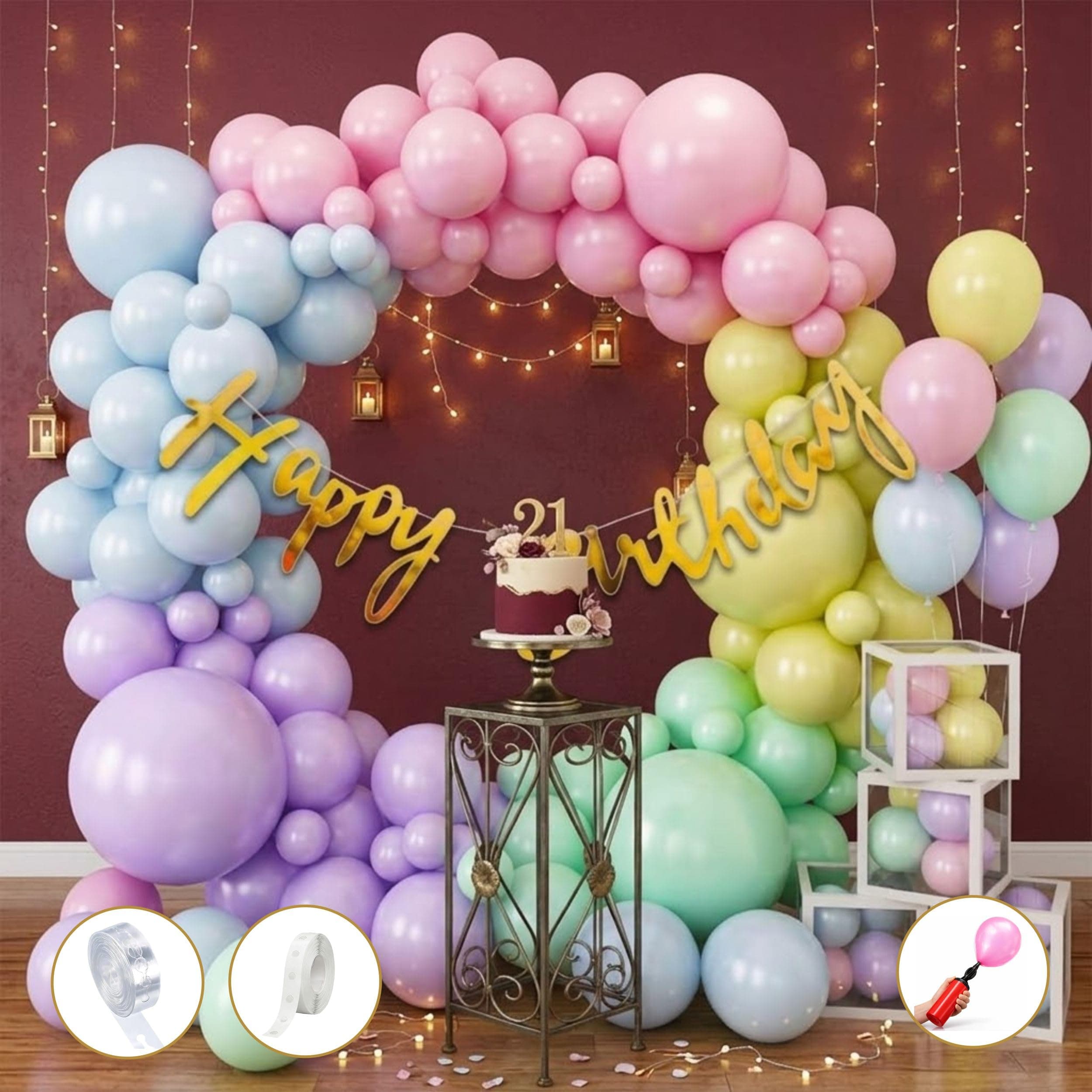 Balloonistics 54 Pcs Multicolour Pastel Balloon Garland Kit for Kids – Includes Hand Pump, Golden Happy Birthday Banner & Arch Strip thumbnail 1