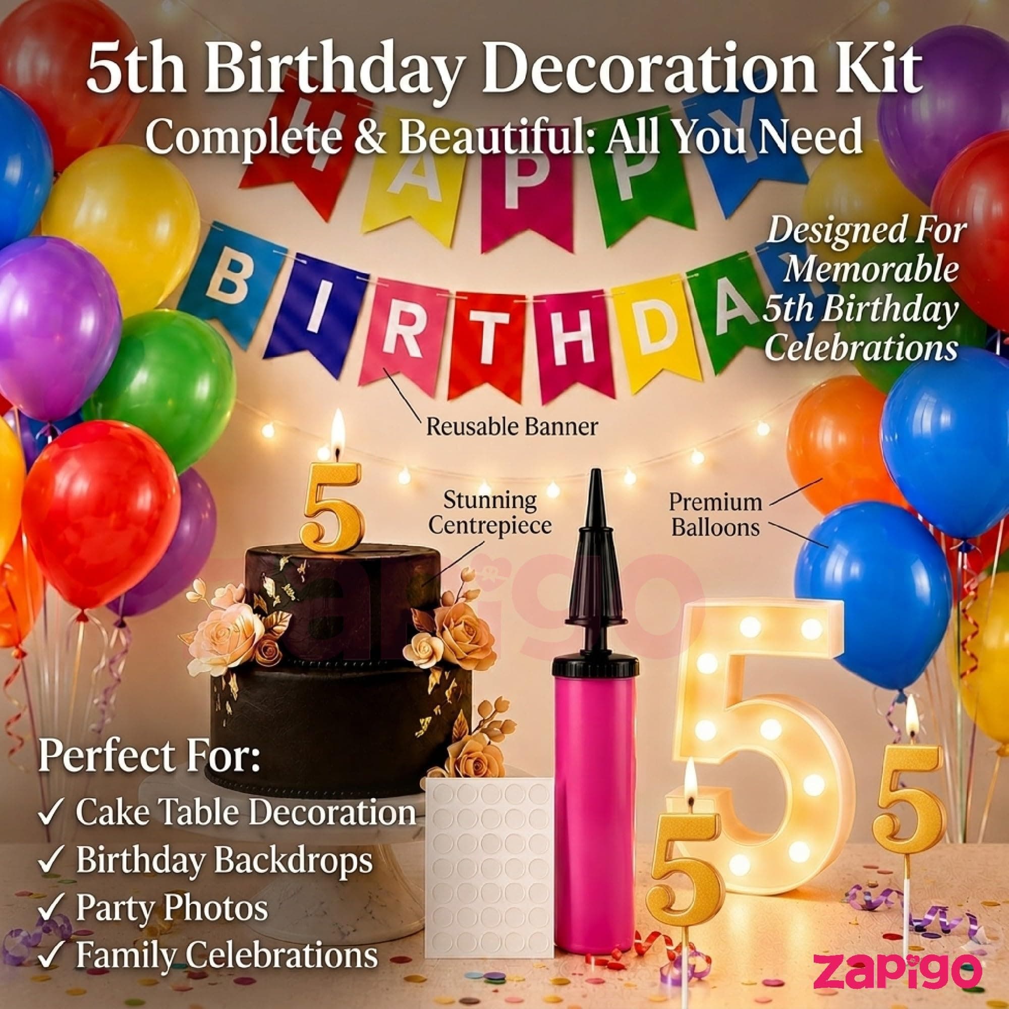 Balloonistics 55-Piece 5th Birthday Decoration Kit – Number 5 Foil Balloon, Happy Birthday Banner, Latex Balloons & Arch Tools for Party Room Decoration, Balloon Arch, Photo Booth Backdrop thumbnail 3