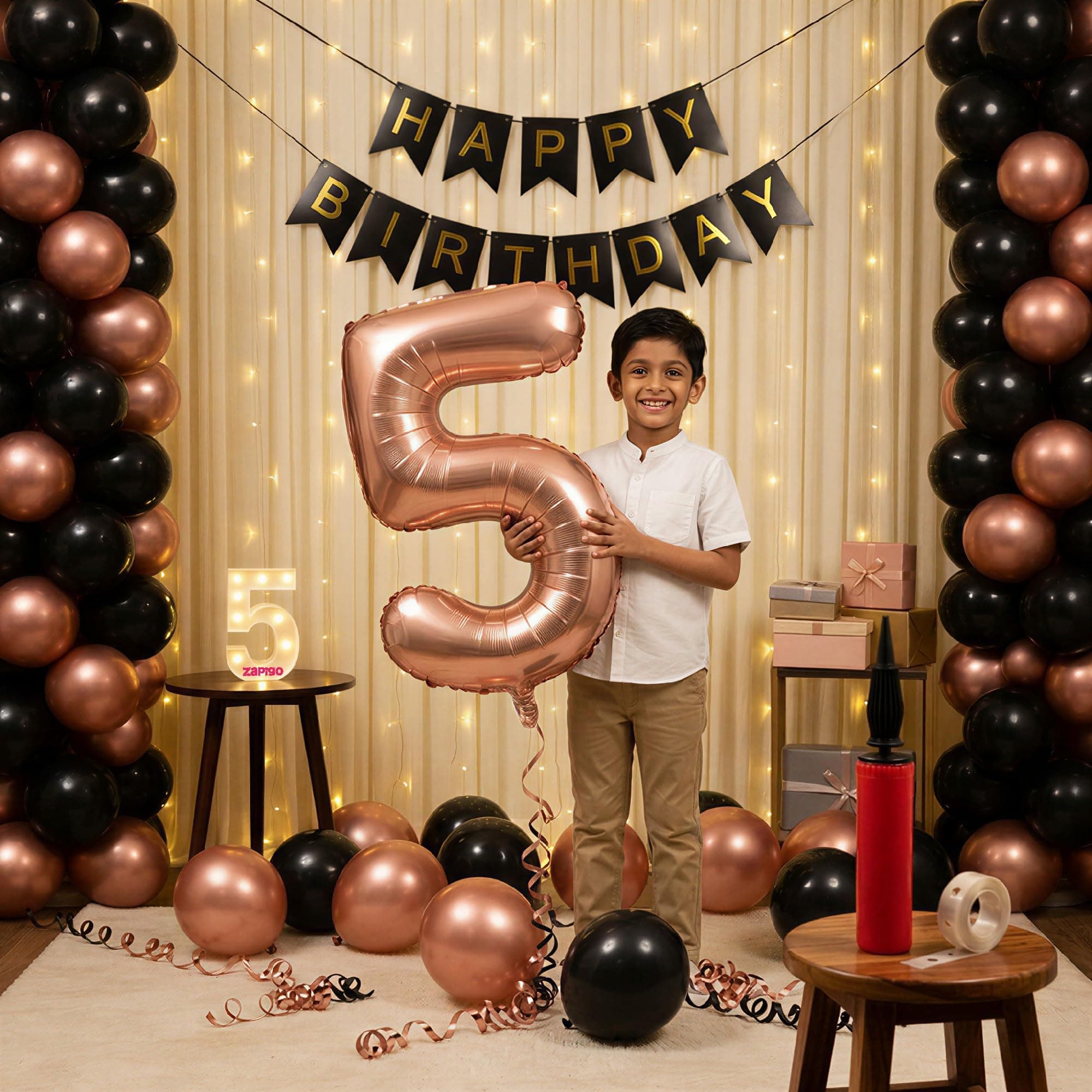 Balloonistics 5th Birthday Decoration Combo Kit - 40 Inch Rose Gold Foil Number Balloon, LED Marquee Light, 50 Rose Gold & Black Balloons, Happy Birthday Banner, Balloon Pump & Glue Dots