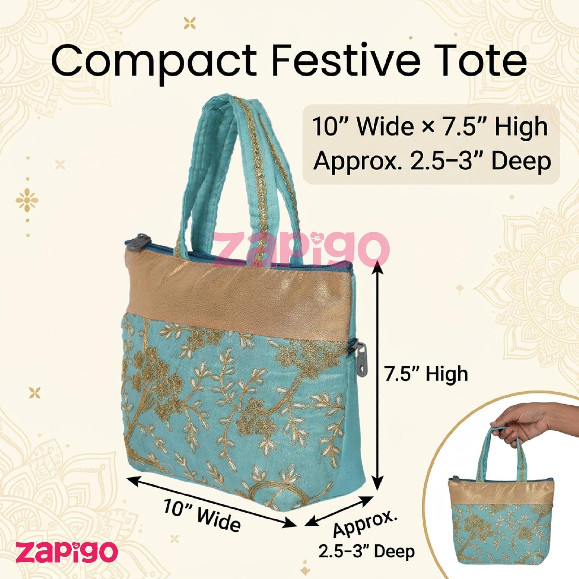Habba Embroidery Design Hand Bag for Women, Padded Handles, Zip Closure, Compact Ethnic Festive Wedding, Mehendi, Haldi Kumkum, Tamboolam, Shagun, Return Gift Bag for Guests, Pack of 5 thumbnail 3