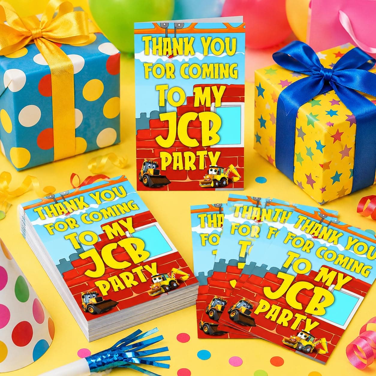 Balloonistics Little JCB Theme Thank You Cards - Pack of 20 Construction Party Appreciation Notes - Premium Cardstock Yellow Digger & Excavator Stationery, "Loads of Thanks" Birthday Favors (Thank you Cards - Pack of 20)