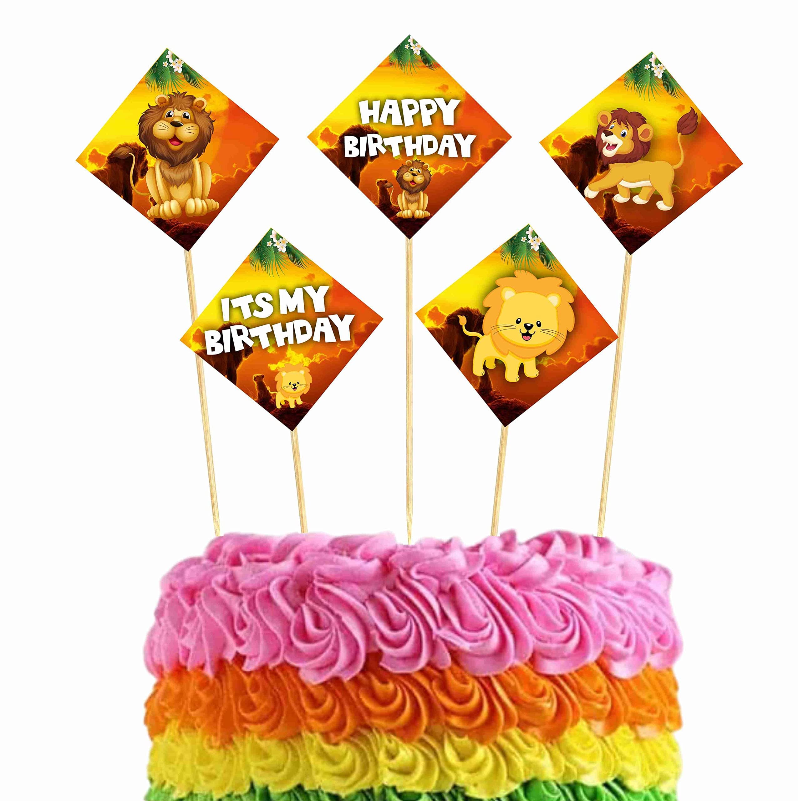 Balloonistics Lion Theme Happy Birthday Cake Topper - Pack of 10 King of the Jungle Cake Decorations - Premium Cardstock Lion Figures on Bamboo Sticks, Wild One Safari Zoo Party Supplies for Kids (Cake Topper - Pack of 10) thumbnail 1