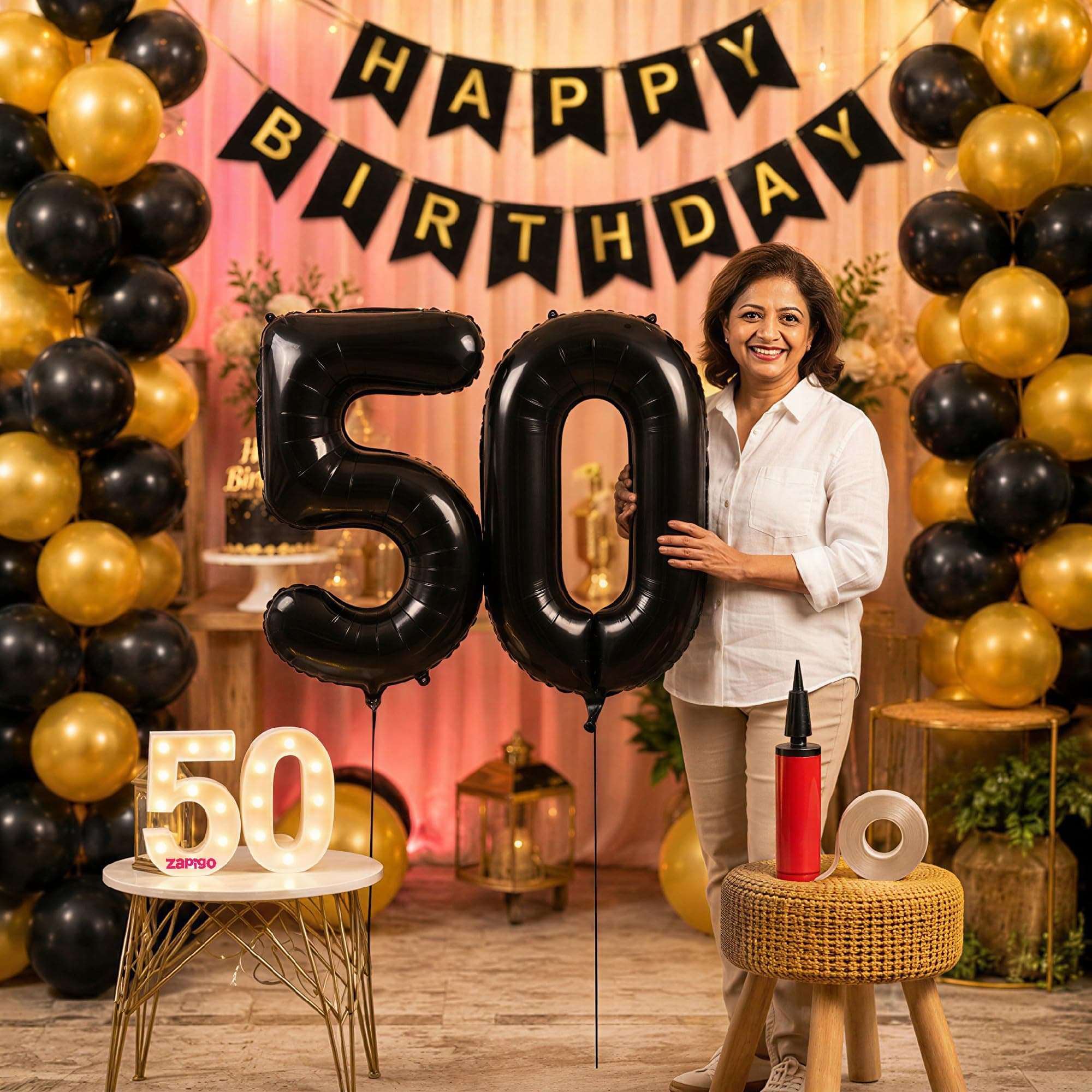 Balloonistics 50th Birthday Decoration Combo Kit - 40 Inch Black Foil Number Balloon, LED Marquee Light, 50 Black & Gold Balloons, Happy Birthday Banner, Balloon Pump & Glue Dots