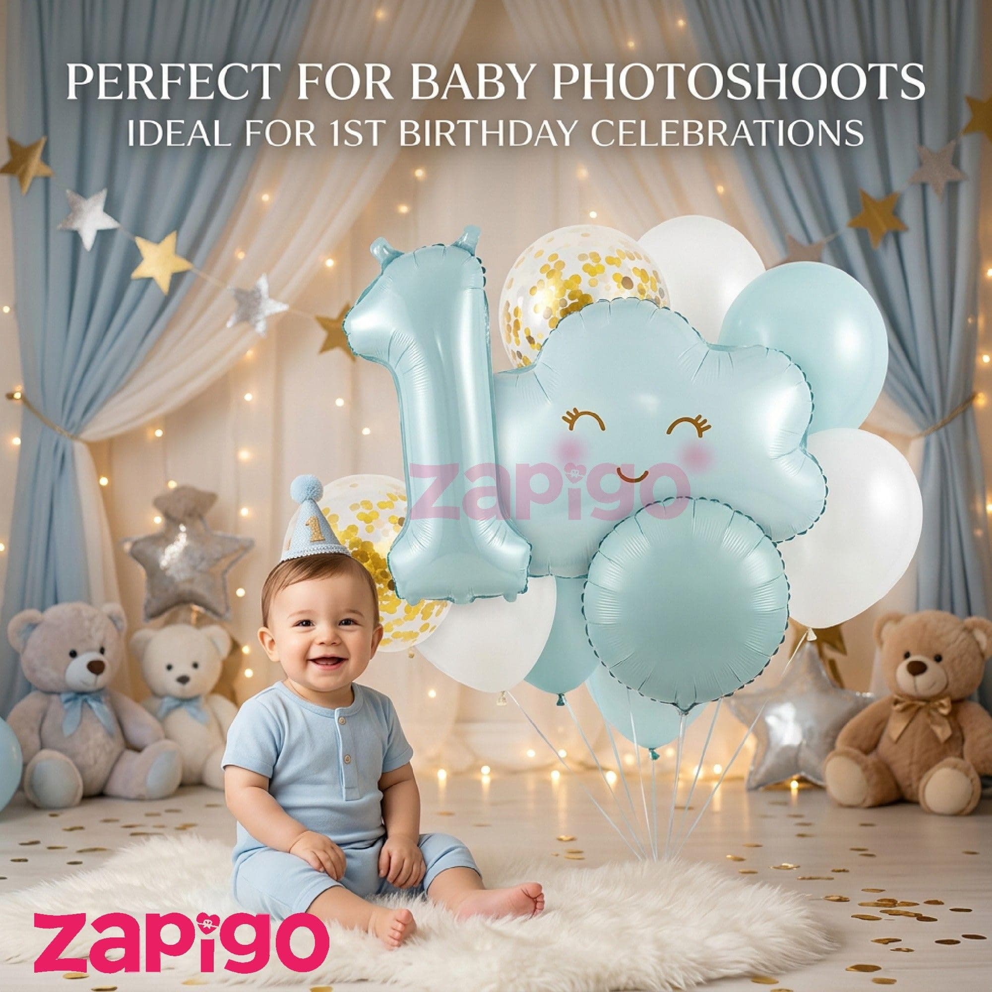 Balloonistics 1st Birthday Blue Cloud Theme Balloon Bouquet - Pack of 9 | Number 1 Foil, Smiling Cloud, Round Foil, Gold Confetti & Latex Balloons | Baby Boy First Birthday Decoration Set thumbnail 5