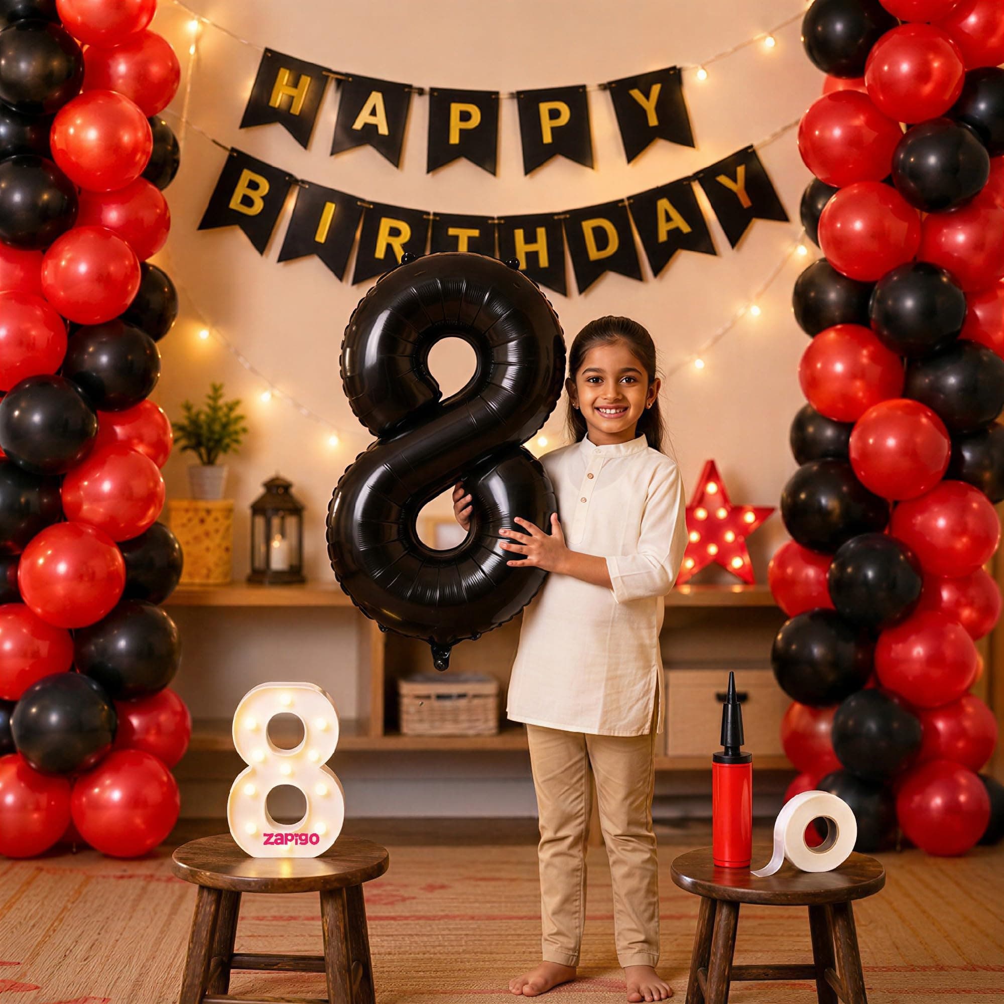 Balloonistics 8th Birthday Decoration Combo Kit - 40 Inch Black Foil Number Balloon, LED Marquee Light, 50 Black & Red Balloons, Happy Birthday Banner, Balloon Pump & Glue Dots