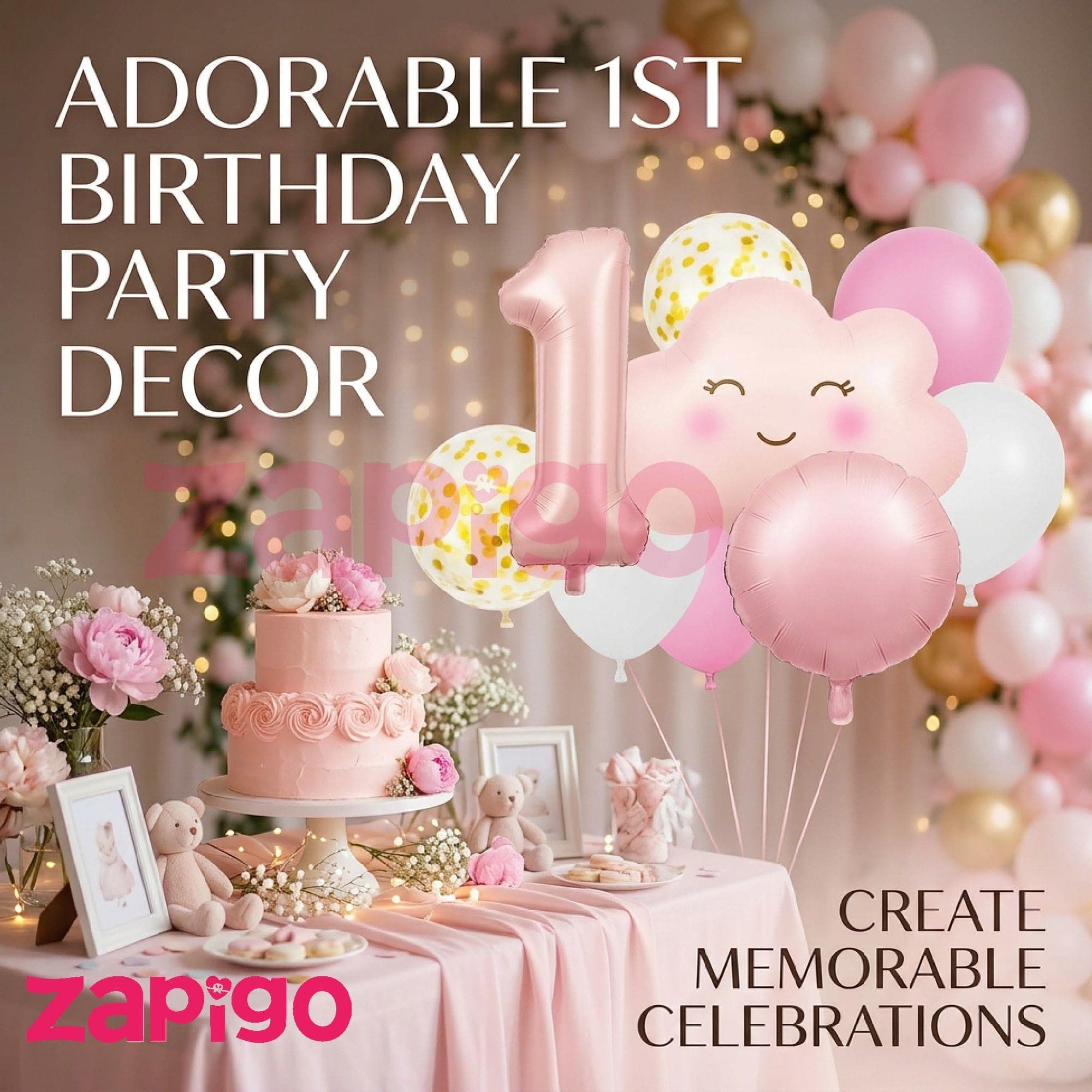 Balloonistics 1St Birthday Pink Cloud Theme Happy Birthday Balloon Bouquet Pack Of 5 thumbnail 4