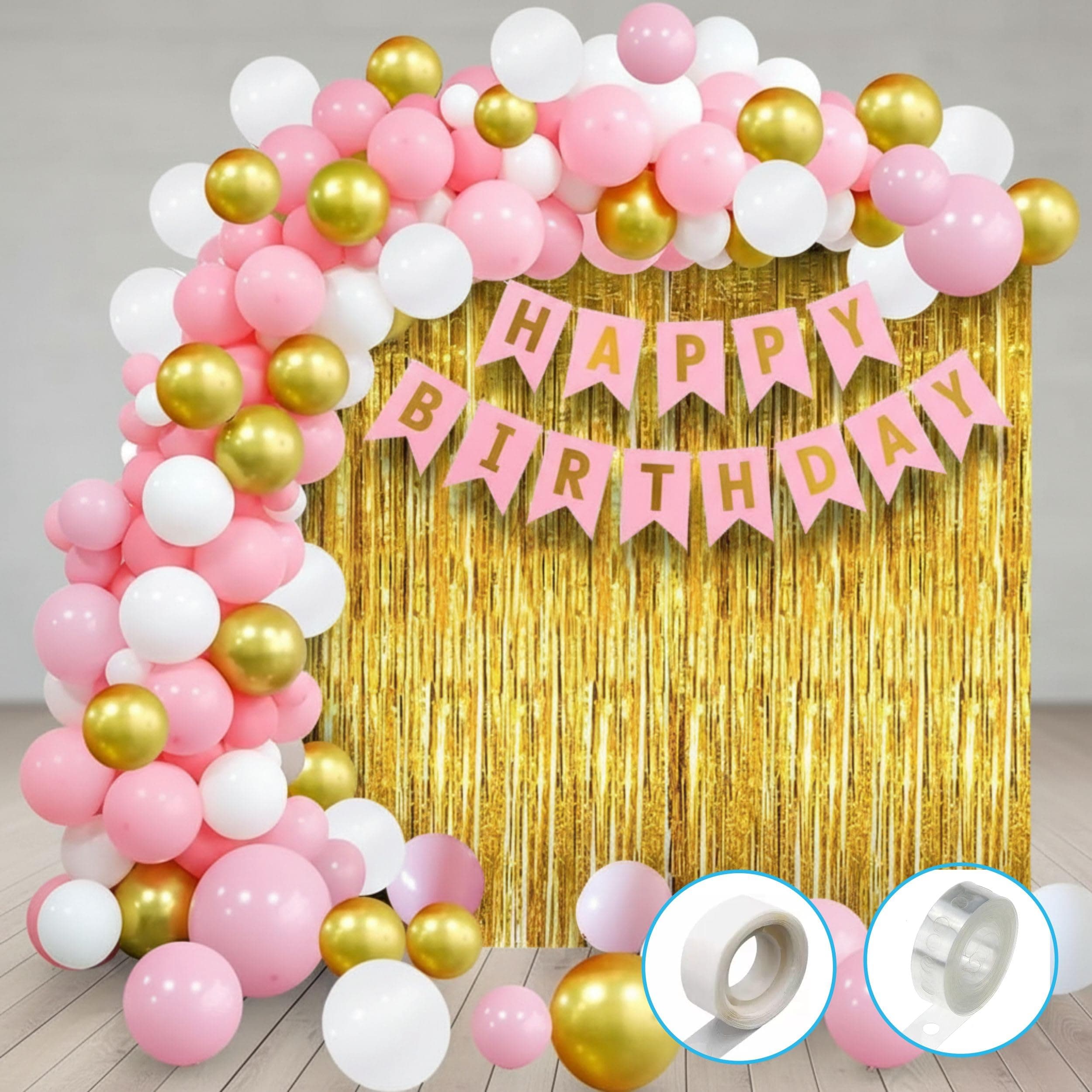 Balloonistics 93 Pcs Pink & Gold Birthday Decoration Kit for Girls & Women – Includes Happy Birthday Banner, 2 Gold Fringe Curtains, Pink Metallic Balloons & Arch Tools thumbnail 2