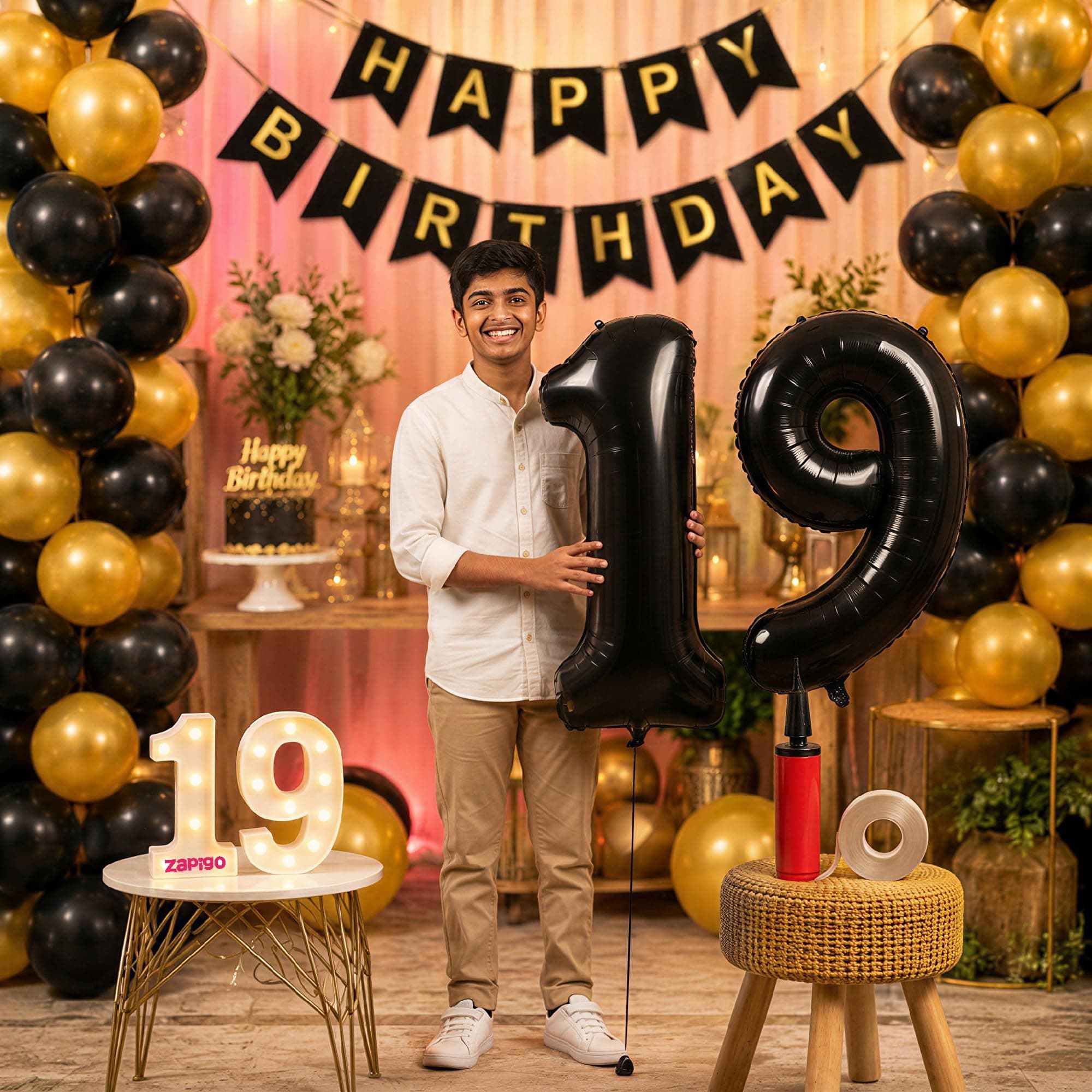 Balloonistics 19th Birthday Decoration Combo Kit - 40 Inch Black Foil Number Balloon, LED Marquee Light, 50 Black & Gold Balloons, Happy Birthday Banner, Balloon Pump & Glue Dots thumbnail 1