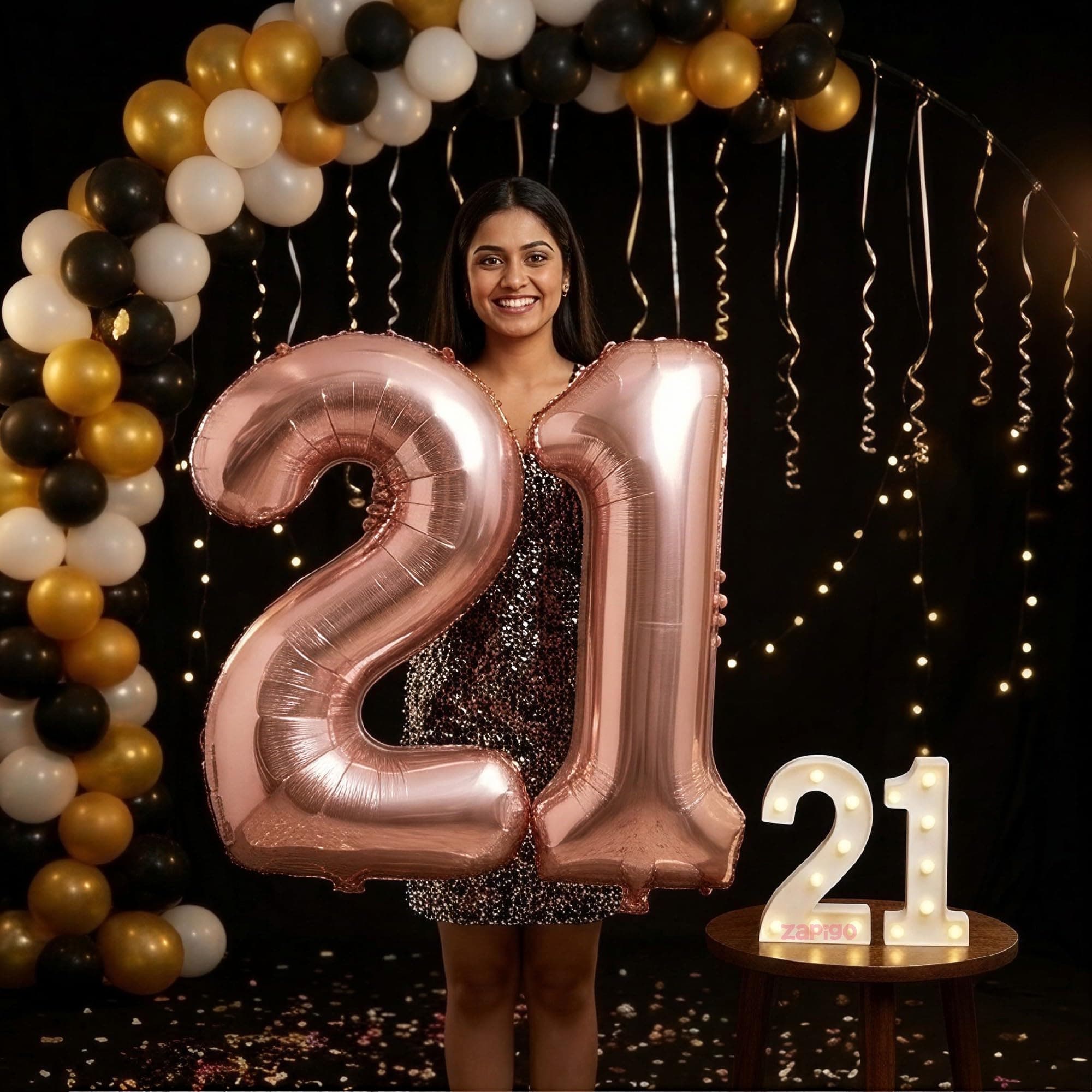Balloonistics Rose Gold 40-Inch Foil Number 21 Balloon with Matching LED Marquee Light - Combo Set for 21st Birthday, Anniversary, Party Decoration, Photo Booth Backdrop thumbnail 1
