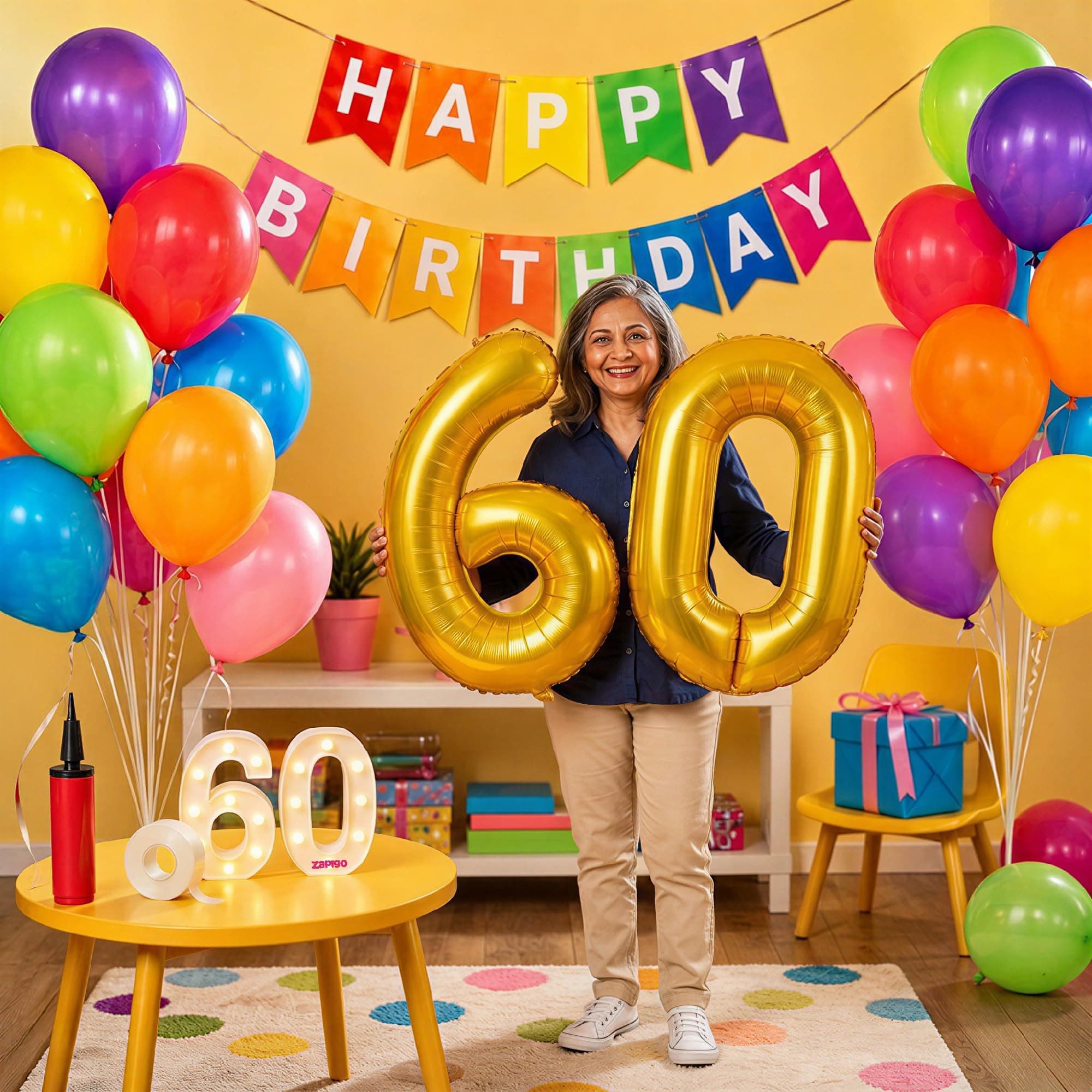 Balloonistics 60th Birthday Decoration Combo Kit - 40 Inch Gold Foil Number Balloon, LED Marquee Light, 50 Multicolor Balloons, Happy Birthday Banner, Balloon Pump & Glue Dots