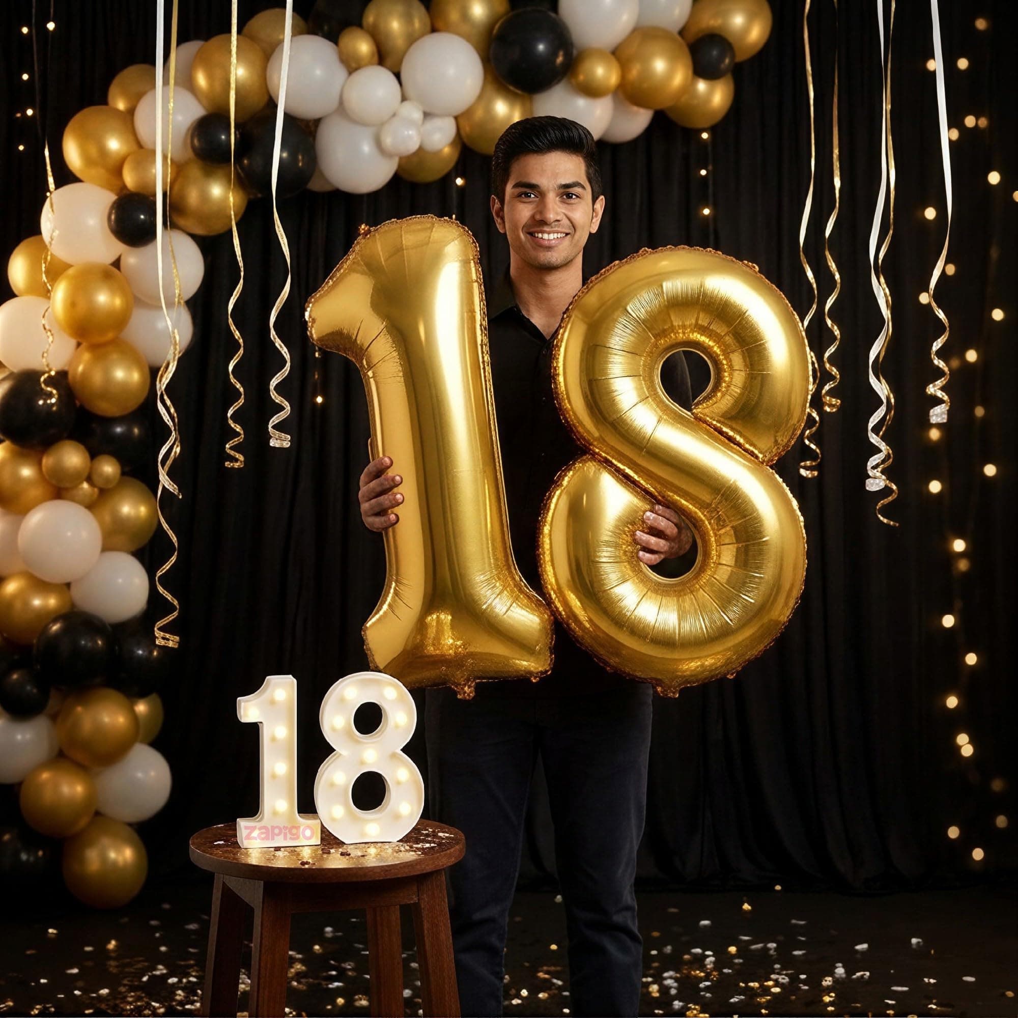 Balloonistics Gold 40-Inch Foil Number 18 Balloon with Matching LED Marquee Light - Combo Set for 18th Birthday, Anniversary, Party Decoration, Photo Booth Backdrop thumbnail 1