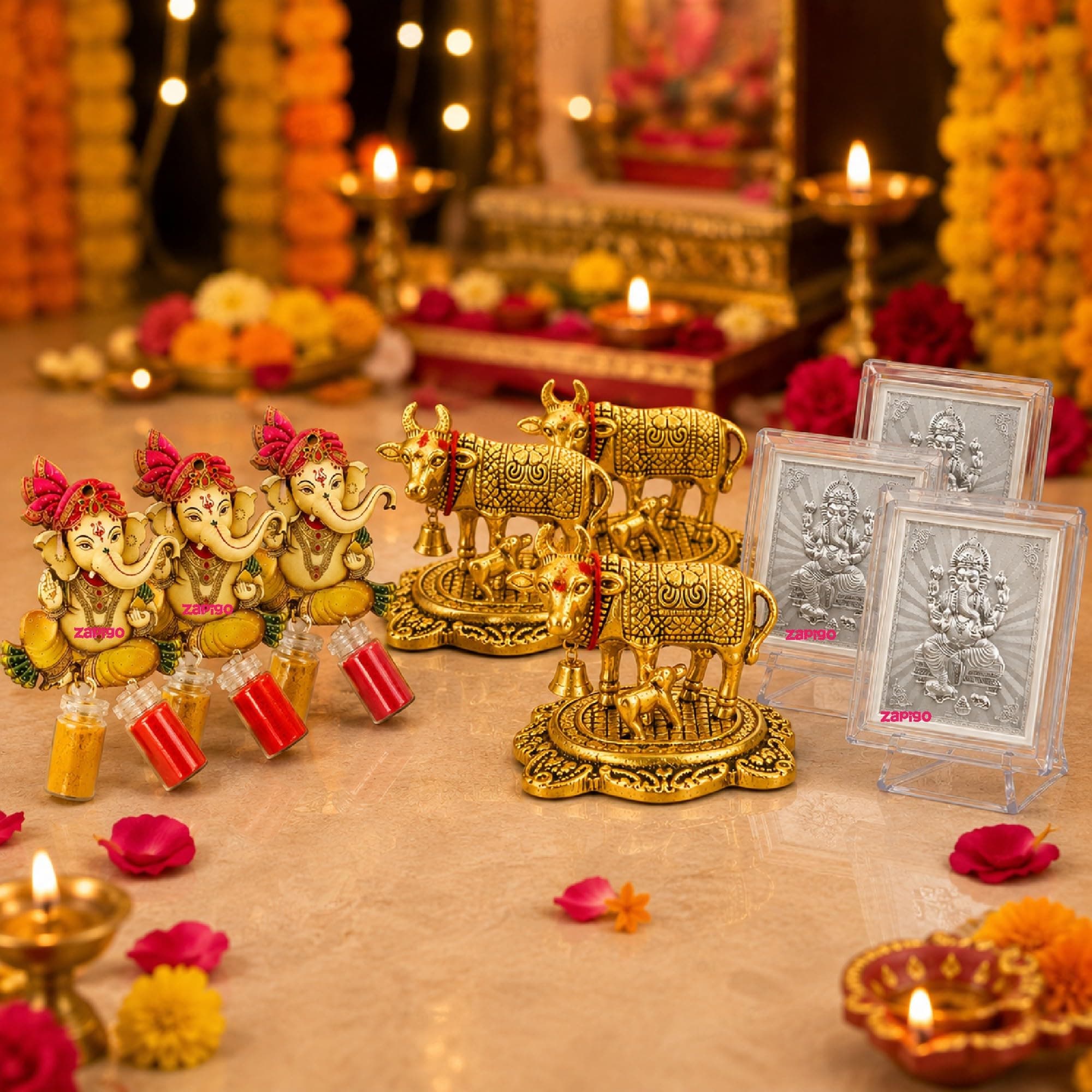 Habba Ganesha Frame with Kumkum Set and Cow Statue, Traditional Haldi Kumkum Tambulam Hamper for Ganesh Chaturthi, Varalakshmi Vratham, Weddings, Baby Showers, Griha Pravesh, Festivals, Pack of 5 thumbnail 1