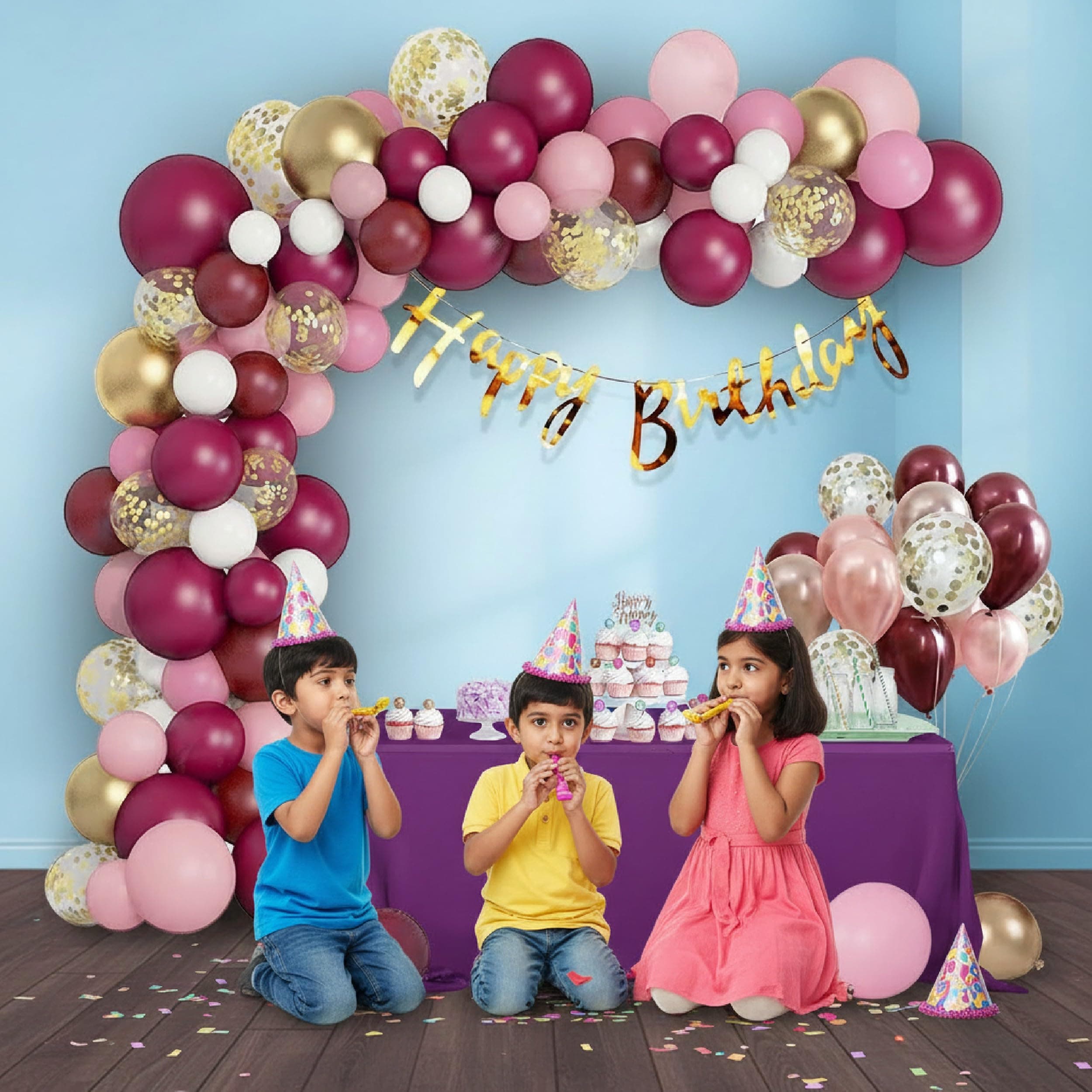 Balloonistics 63 Pcs Burgundy & Pink Birthday Decoration Kit for Women – Happy Birthday Banner, Gold Confetti Balloons & Arch Strip – Elegant Decor for Wife, Mom or Daughter thumbnail 2