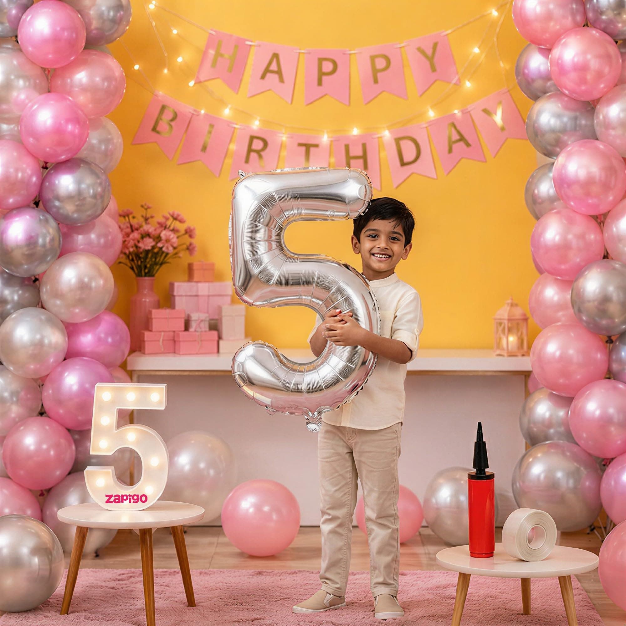 Balloonistics 5th Birthday Decoration Combo Kit - 40 Inch Silver Foil Number Balloon, LED Marquee Light, 50 Silver & Pink Balloons, Happy Birthday Banner, Balloon Pump & Glue Dots thumbnail 1