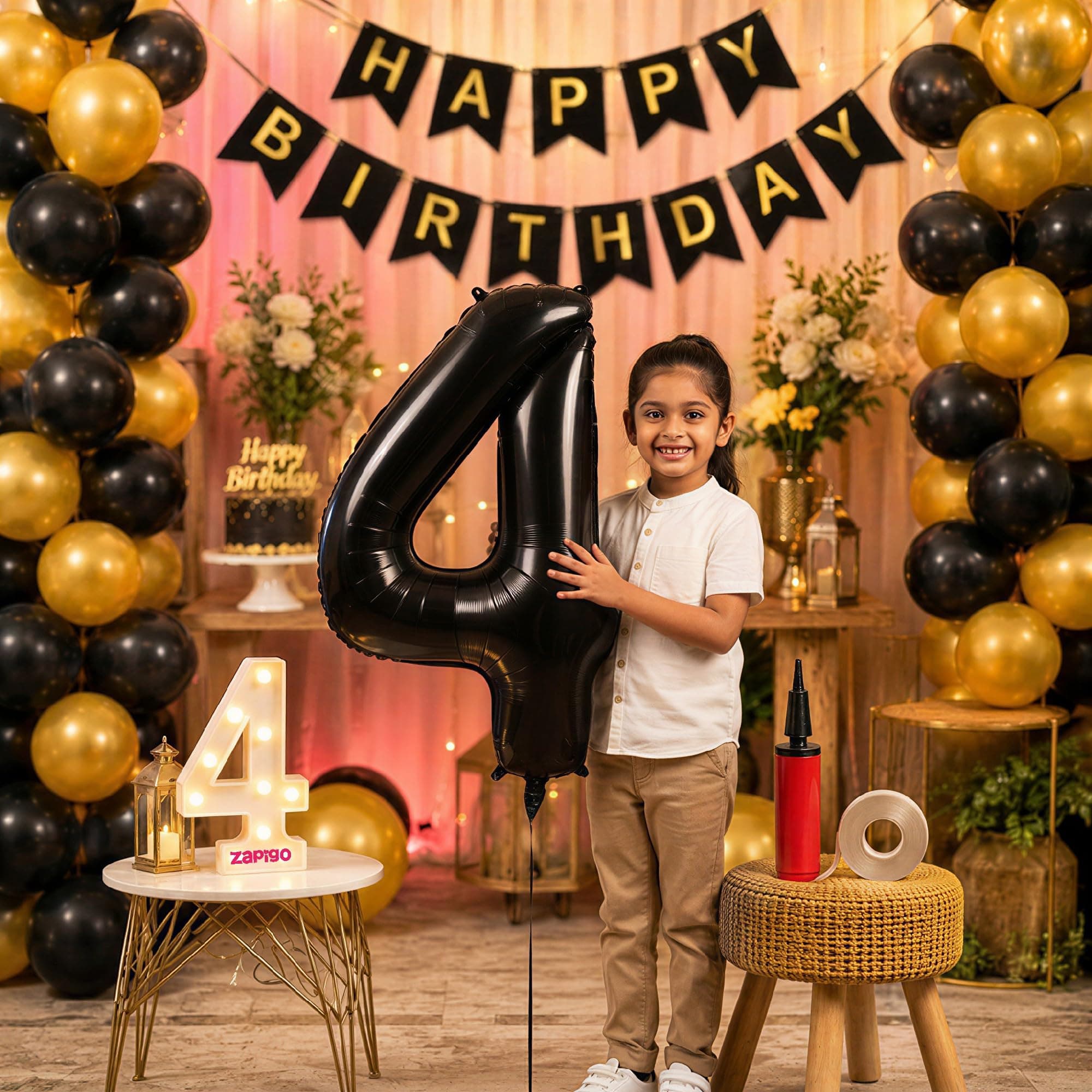 Balloonistics 4th Birthday Decoration Combo Kit - 40 Inch Black Foil Number Balloon, LED Marquee Light, 50 Black & Gold Balloons, Happy Birthday Banner, Balloon Pump & Glue Dots thumbnail 1