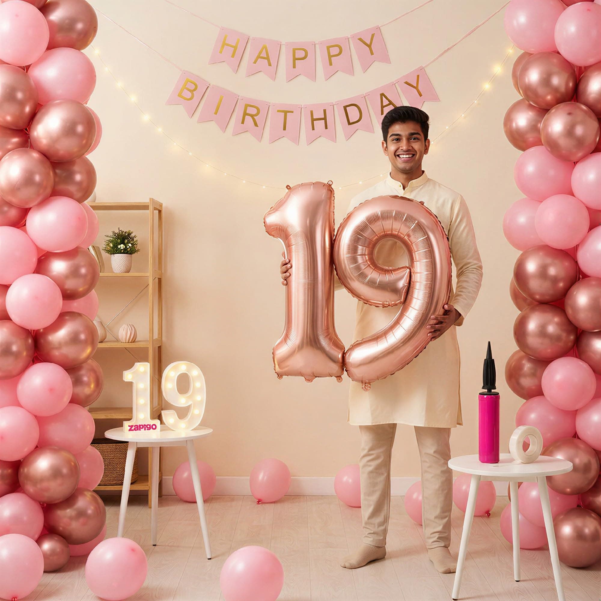 Balloonistics 19th Birthday Decoration Combo Kit - 40 Inch Rose Gold Foil Number Balloon, LED Marquee Light, 50 Rose Gold & Pink Balloons, Happy Birthday Banner, Balloon Pump & Glue Dots thumbnail 1
