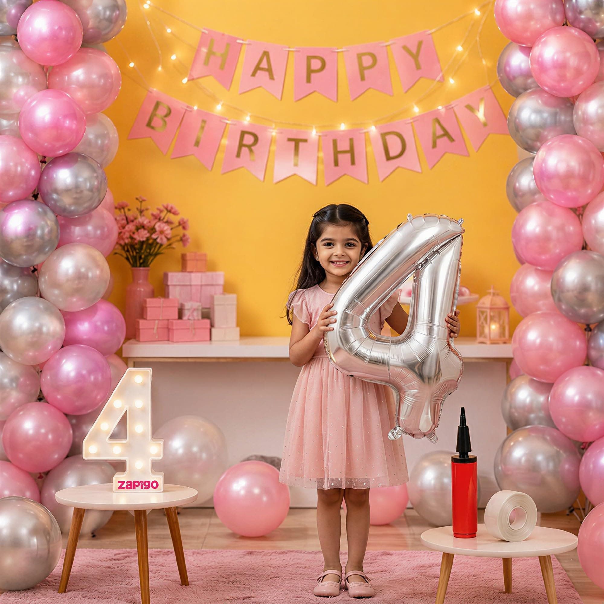 Balloonistics 4th Birthday Decoration Combo Kit - 40 Inch Silver Foil Number Balloon, LED Marquee Light, 50 Silver & Pink Balloons, Happy Birthday Banner, Balloon Pump & Glue Dots thumbnail 1