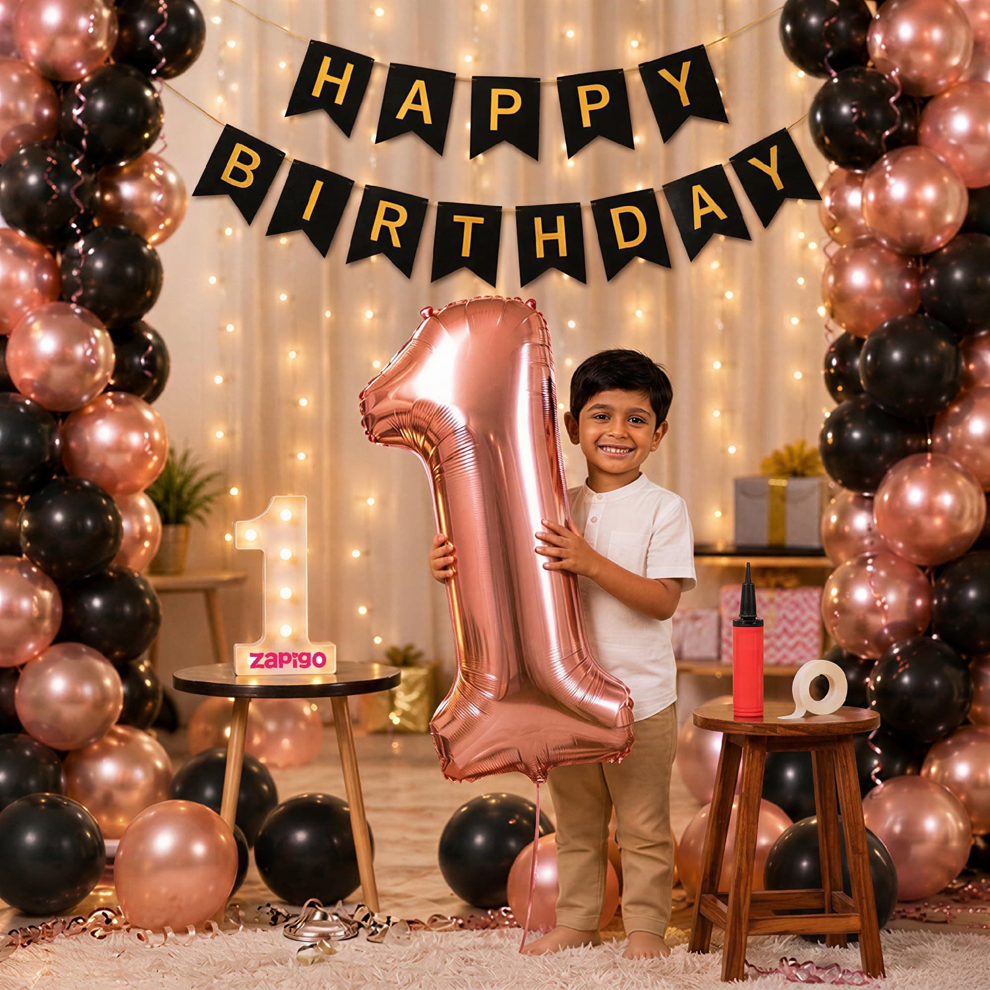Balloonistics 1st Birthday Decoration Combo Kit - 40 Inch Rose Gold Foil Number Balloon, LED Marquee Light, 50 Rose Gold & Black Balloons, Happy Birthday Banner, Balloon Pump & Glue Dots