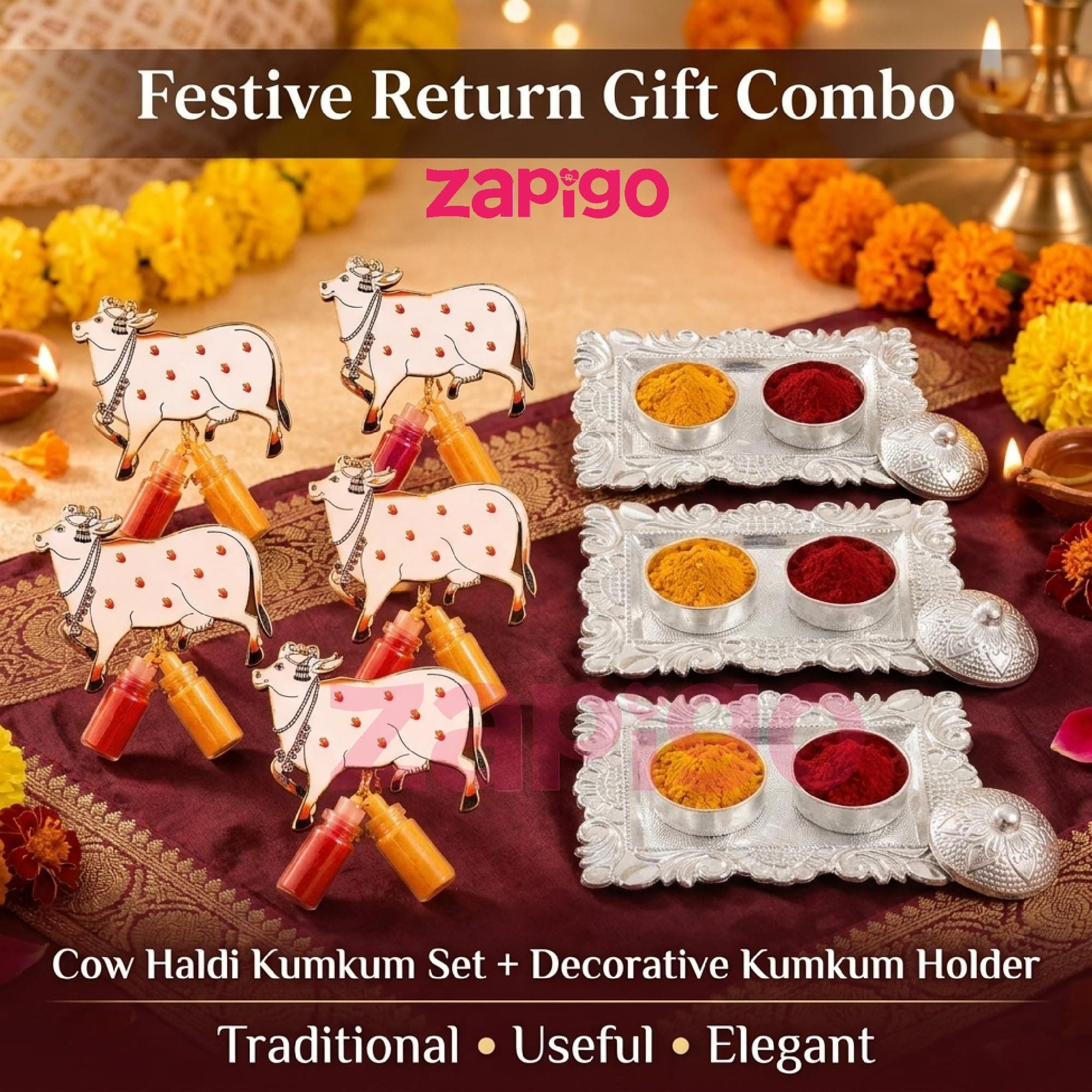 Habba Cow Design Haldi Kumkum Set with Silver Kumkum Holder, Traditional Pasupu Kumkum Gift Set for Pooja, Diwali, Navratri, Wedding, Housewarming & Tambulam Return Gifts for Women - Pack of 10 thumbnail 8