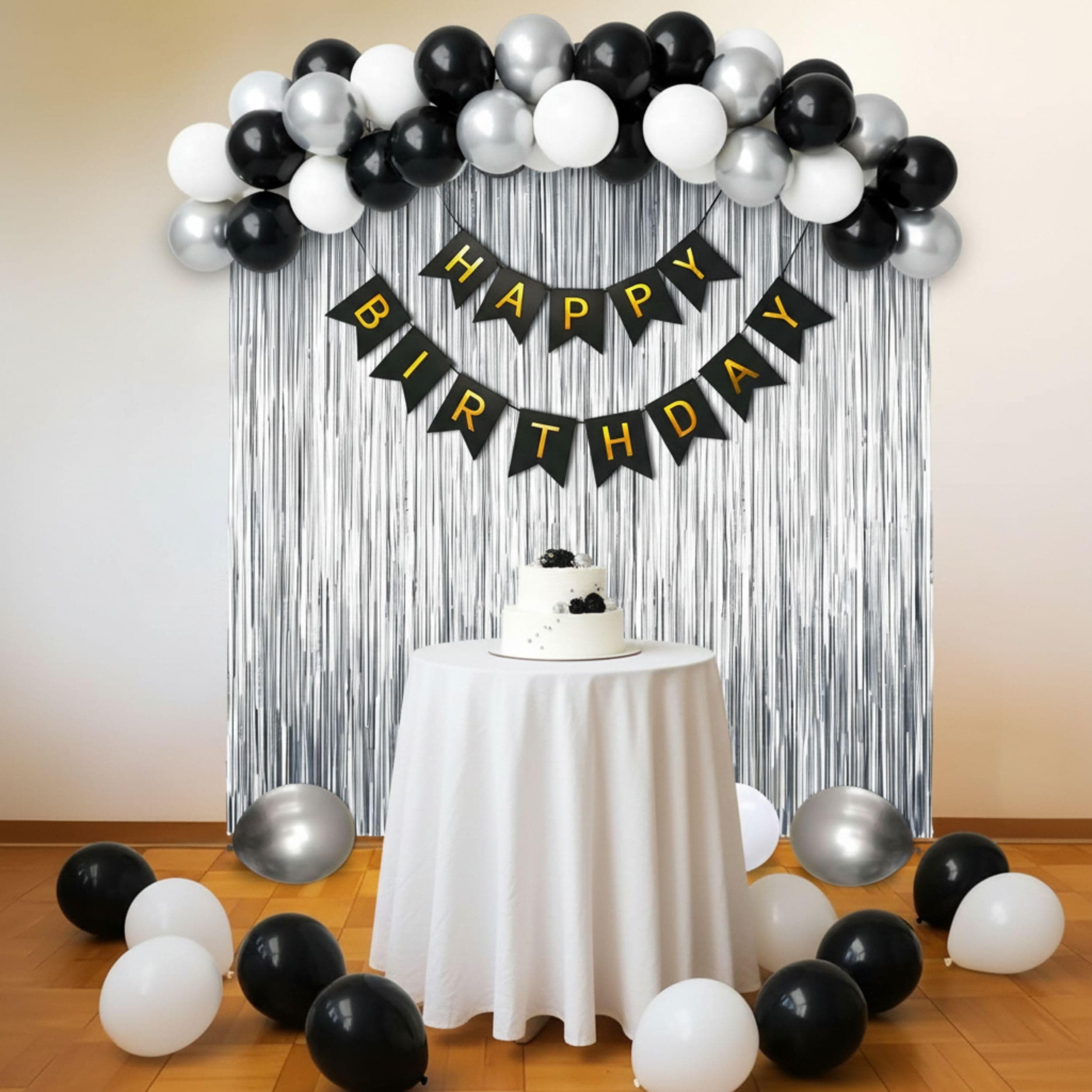 Balloonistics 40 Pcs Black, White & Silver Birthday Decoration Kit – Elegant Aesthetic Party Decor with Happy Birthday Banner, Foil Fringe Curtain, Metallic Balloons & Ribbons thumbnail 1