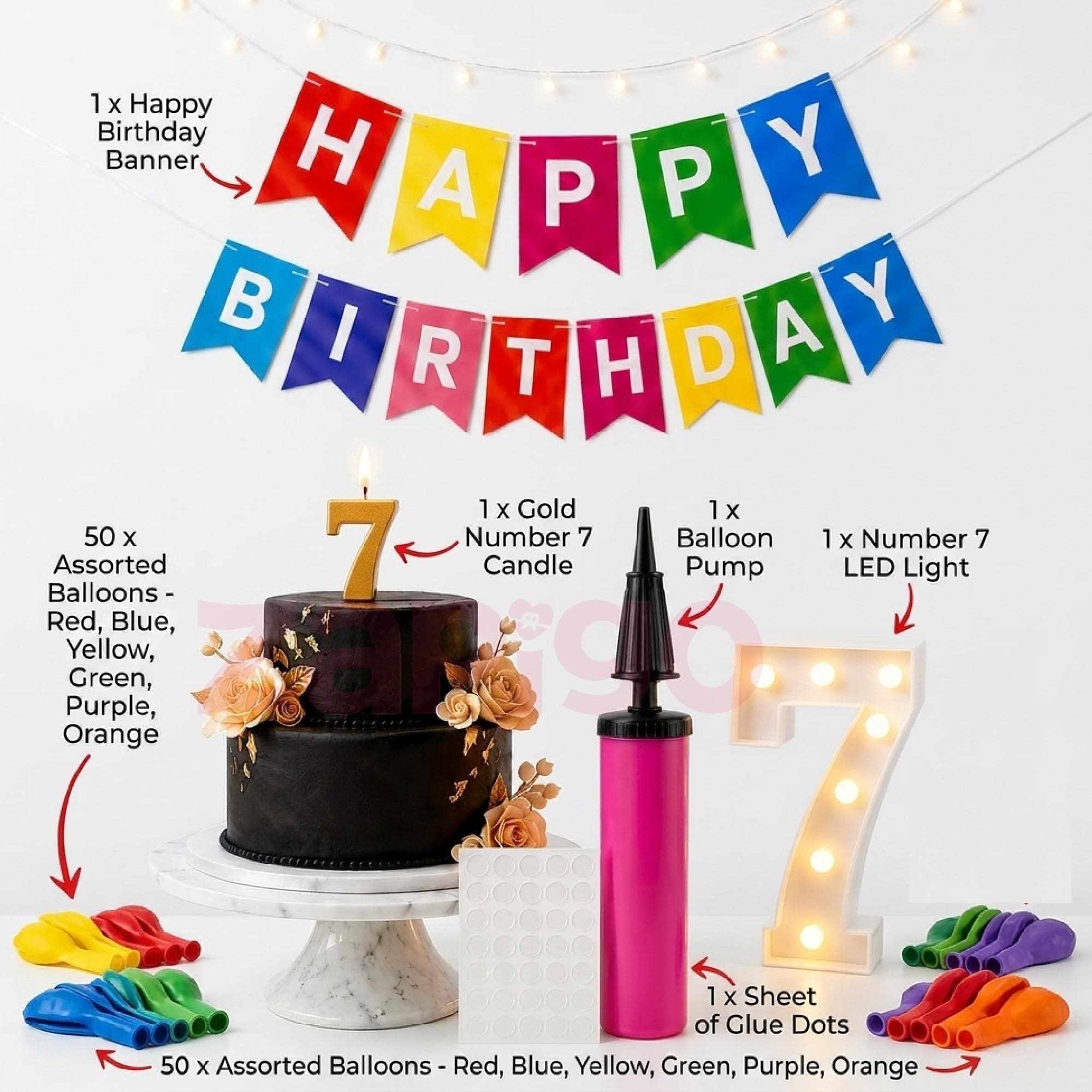 Balloonistics 55-Piece 7th Birthday Decoration Kit – Number 7 Foil Balloon, Happy Birthday Banner, Latex Balloons & Arch Tools for Party Room Decor, Balloon Garland, Photo Backdrop thumbnail 6