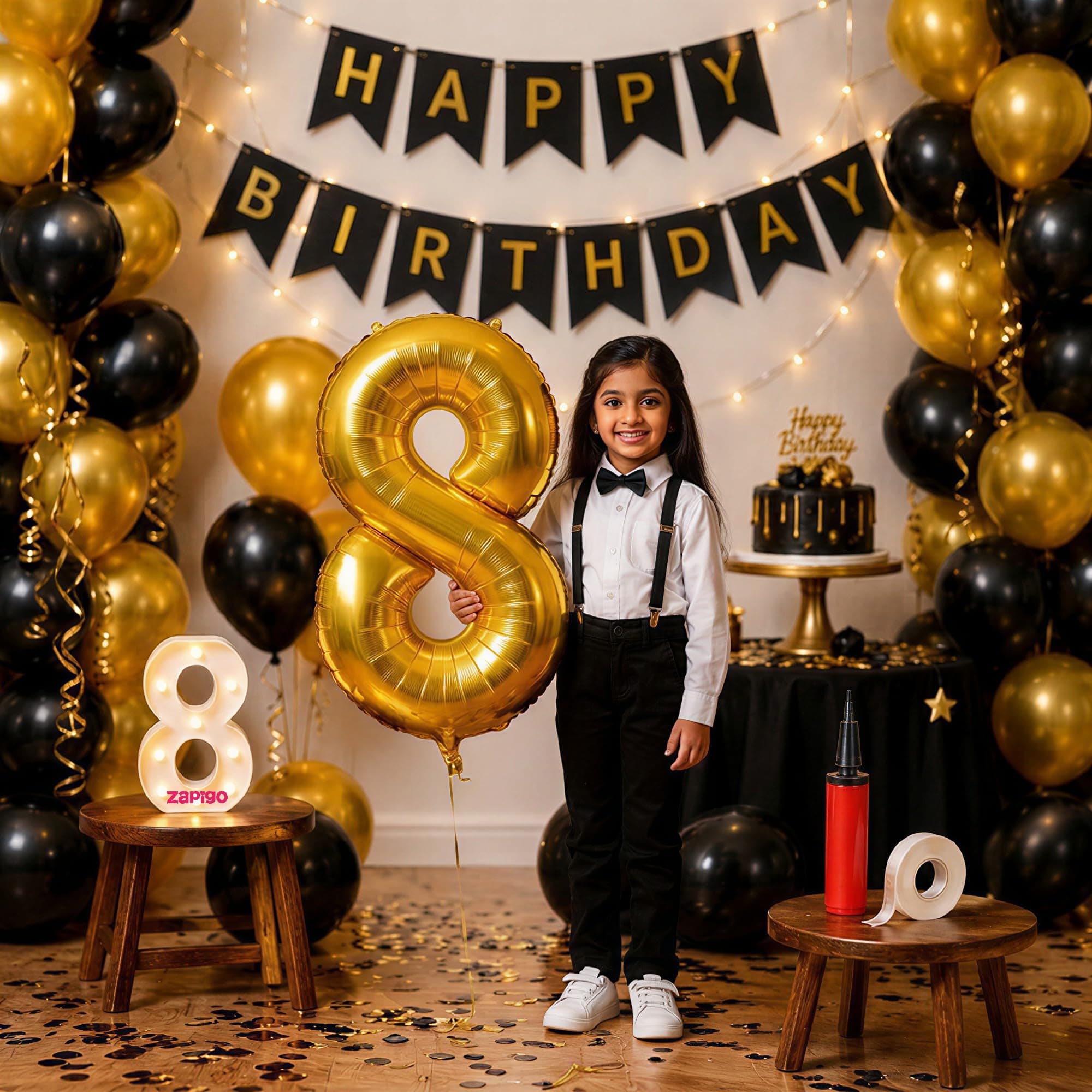 Balloonistics 8th Birthday Decoration Combo Kit - 40 Inch Gold Foil Number Balloon, LED Marquee Light, 50 Black & Gold Balloons, Happy Birthday Banner, Balloon Pump & Glue Dots thumbnail 1
