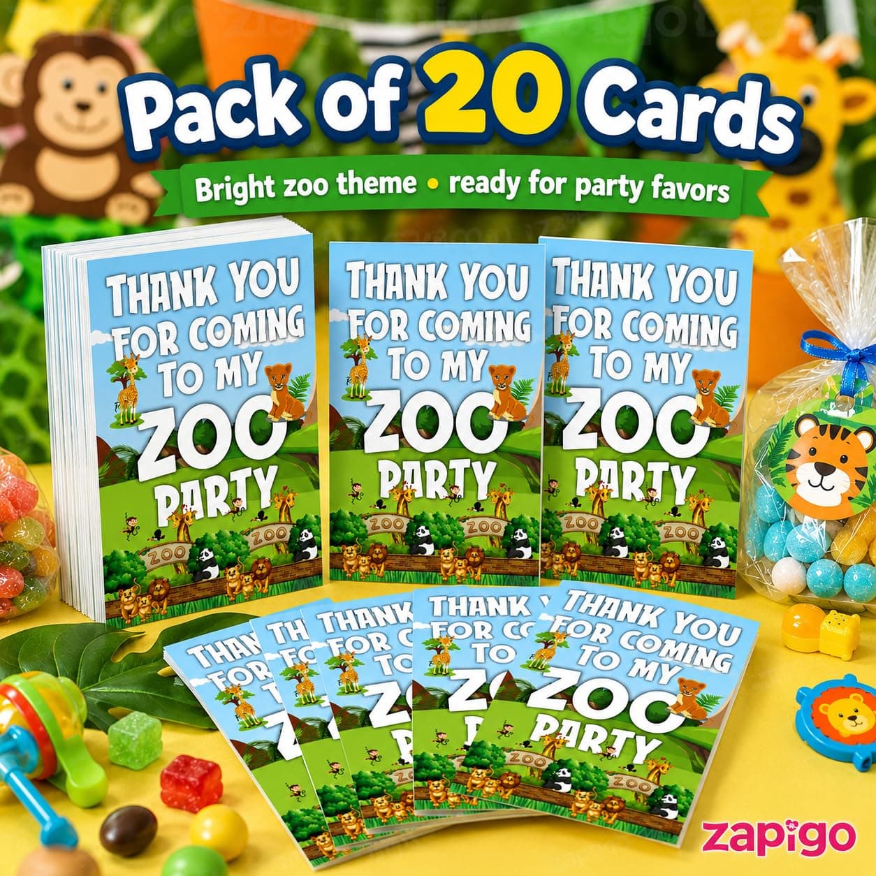 Balloonistics Zoo Theme Thank You Cards - Pack of 20 Premium Matte Note Cards - Lion, Giraffe & Zebra Jungle Safari Stationery with Matching Envelopes - Post-Party Gratitude for Kids Birthdays (Thank you Cards - Pack of 20) thumbnail 6