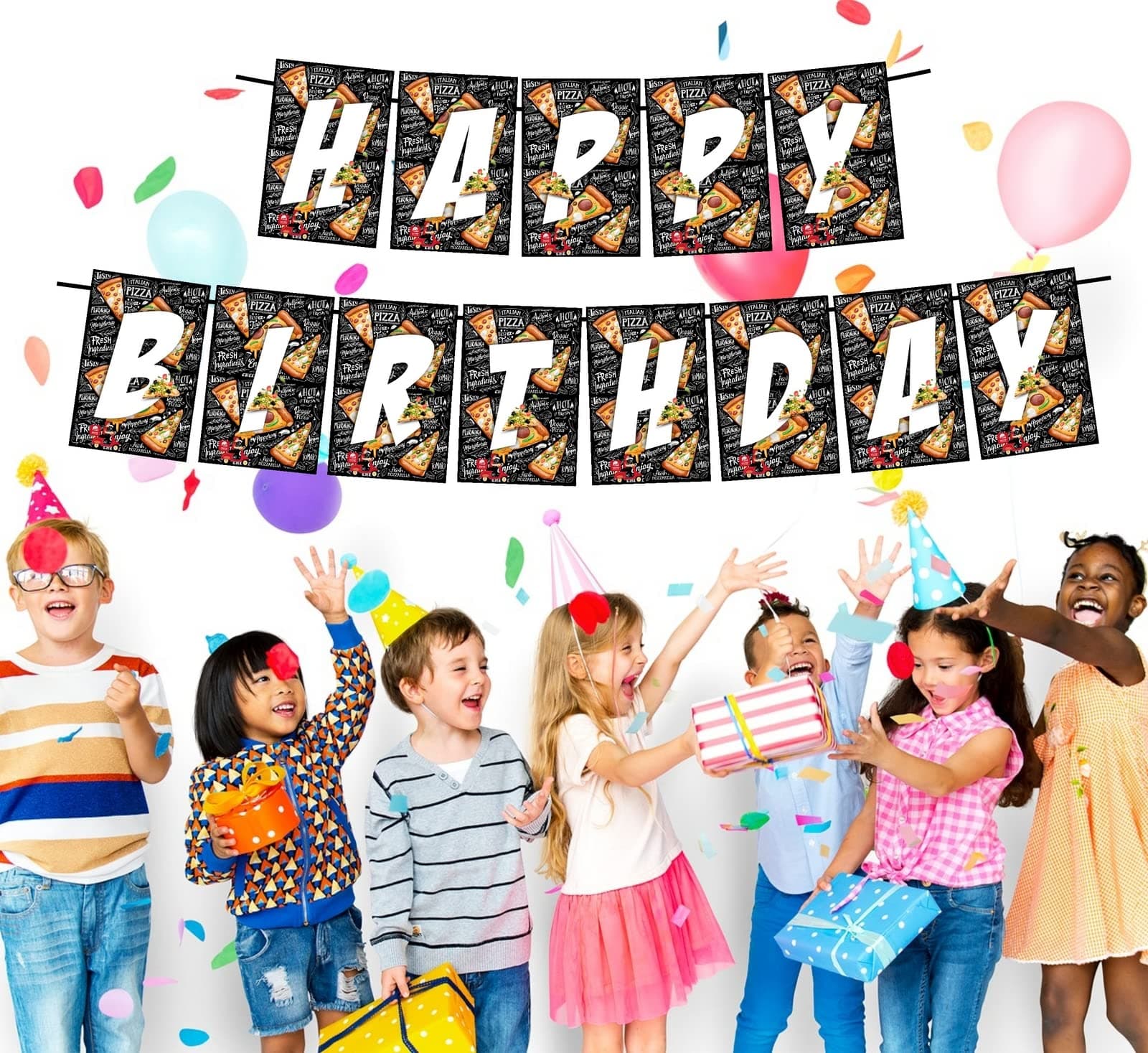 Balloonistics Pizza Theme Happy Birthday Banner - Cheesy & Delicious Cardstock Bunting for Pizza Lovers - Pepperoni, Slice & Party Pie Decorations, "Any Way You Slice It" Backdrop thumbnail 2