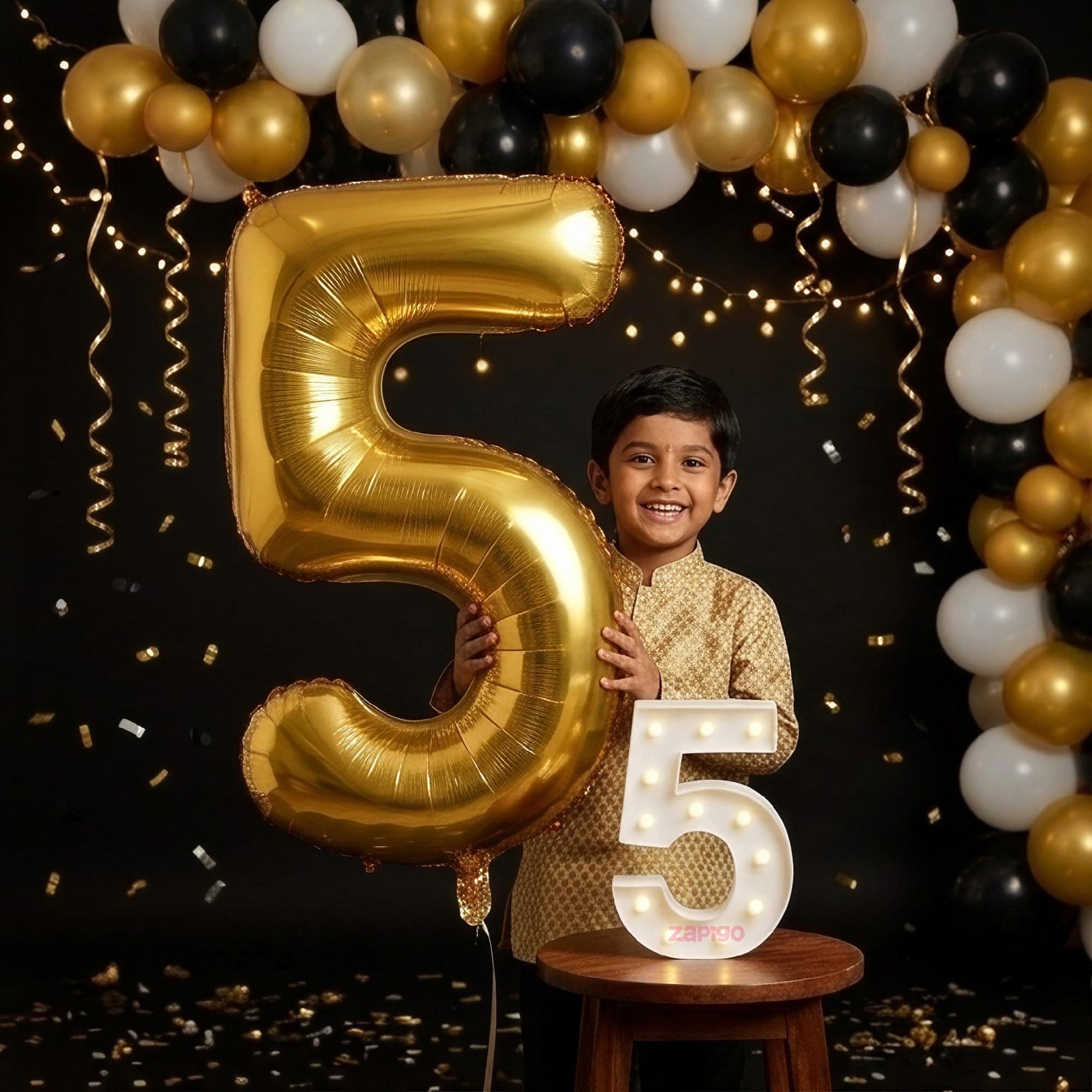 Balloonistics Gold 40-Inch Foil Number 5 Balloon with Matching LED Marquee Light - Combo Set for 5th Birthday, Anniversary, Party Decoration, Milestone Celebrations, Photo Booth Backdrop thumbnail 1