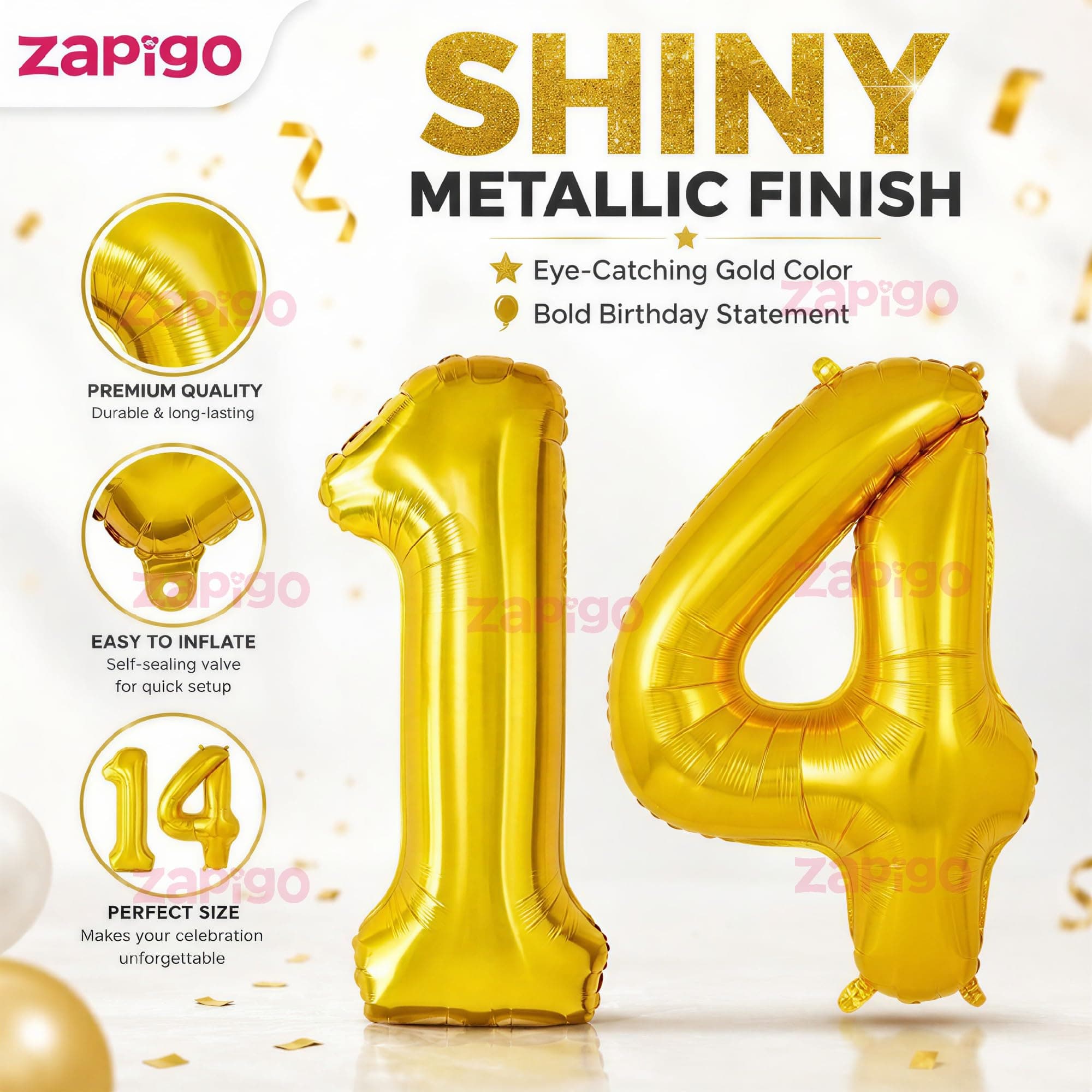 Balloonistics Gold Number 14 Foil Balloon – Large Metallic Gold Number Fourteen Balloon for 14th Birthday, Teen Milestone & Party Decorations (Gold, Number 14) thumbnail 6