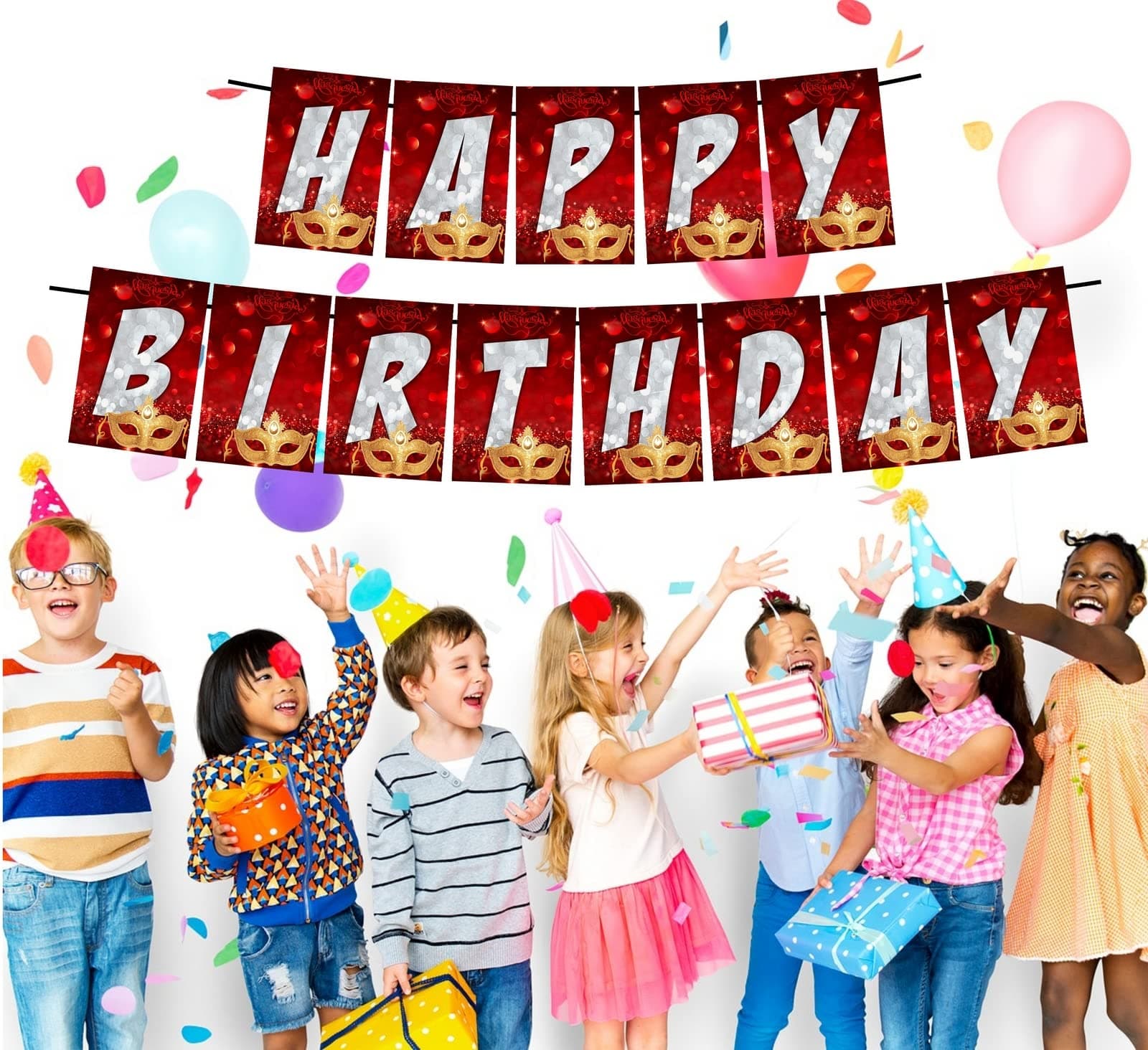 Balloonistics Masquerade Theme Happy Birthday Banner - Venetian Mask & Mystery Cardstock Bunting for Adults & Teens - Mardi Gras, Prom & Masked Ball Party Decorations, Elegant Backdrop thumbnail 2
