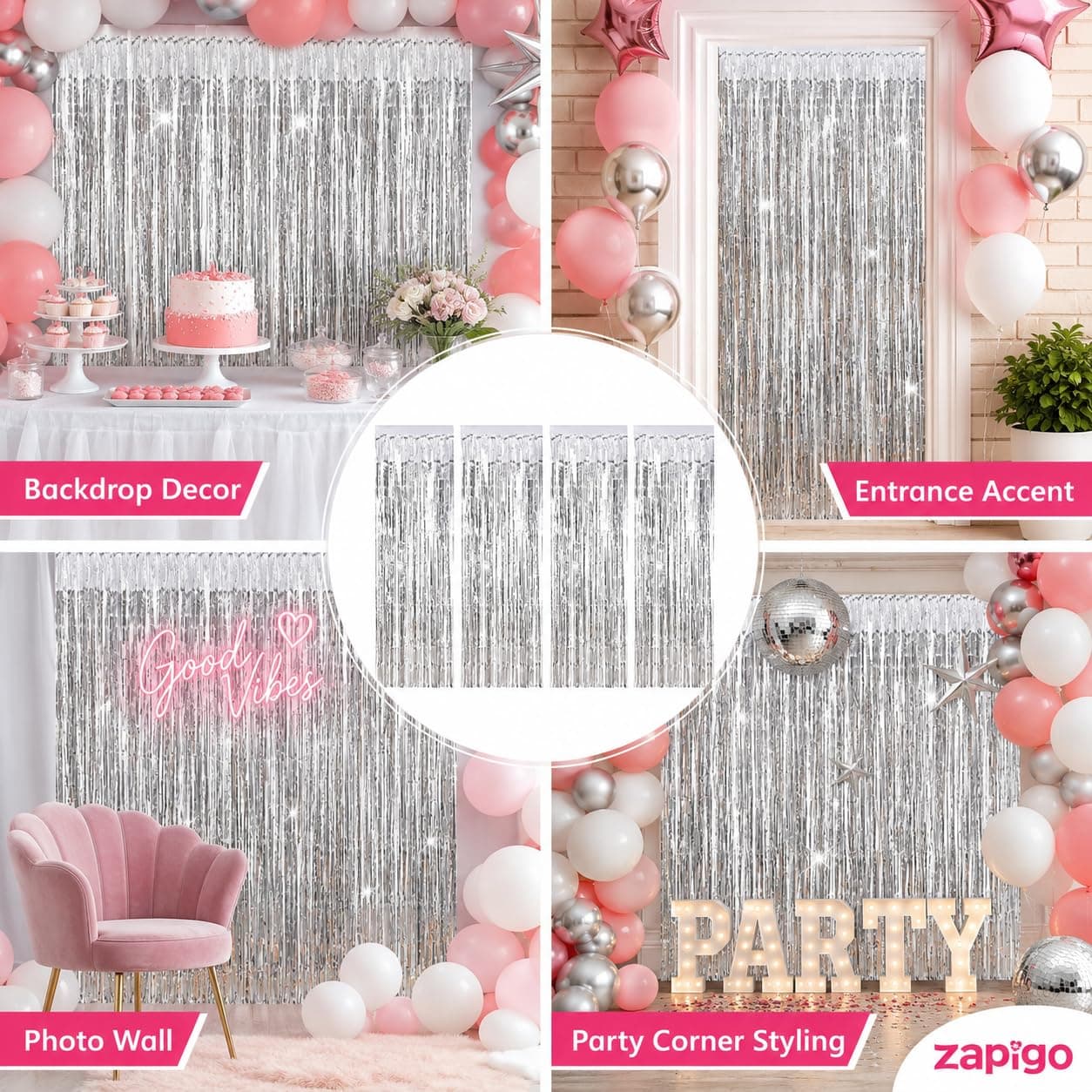 Balloonistics Silver Metallic Fringe Foil Curtain – Set of 4, 6x3 Ft Backdrop for Birthday, Baby Shower & Anniversary Decoration thumbnail 7