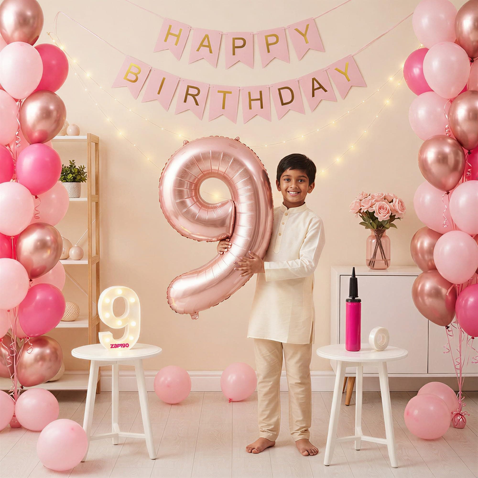 Balloonistics 9th Birthday Decoration Combo Kit - 40 Inch Rose Gold Foil Number Balloon, LED Marquee Light, 50 Rose Gold & Pink Balloons, Happy Birthday Banner, Balloon Pump & Glue Dots