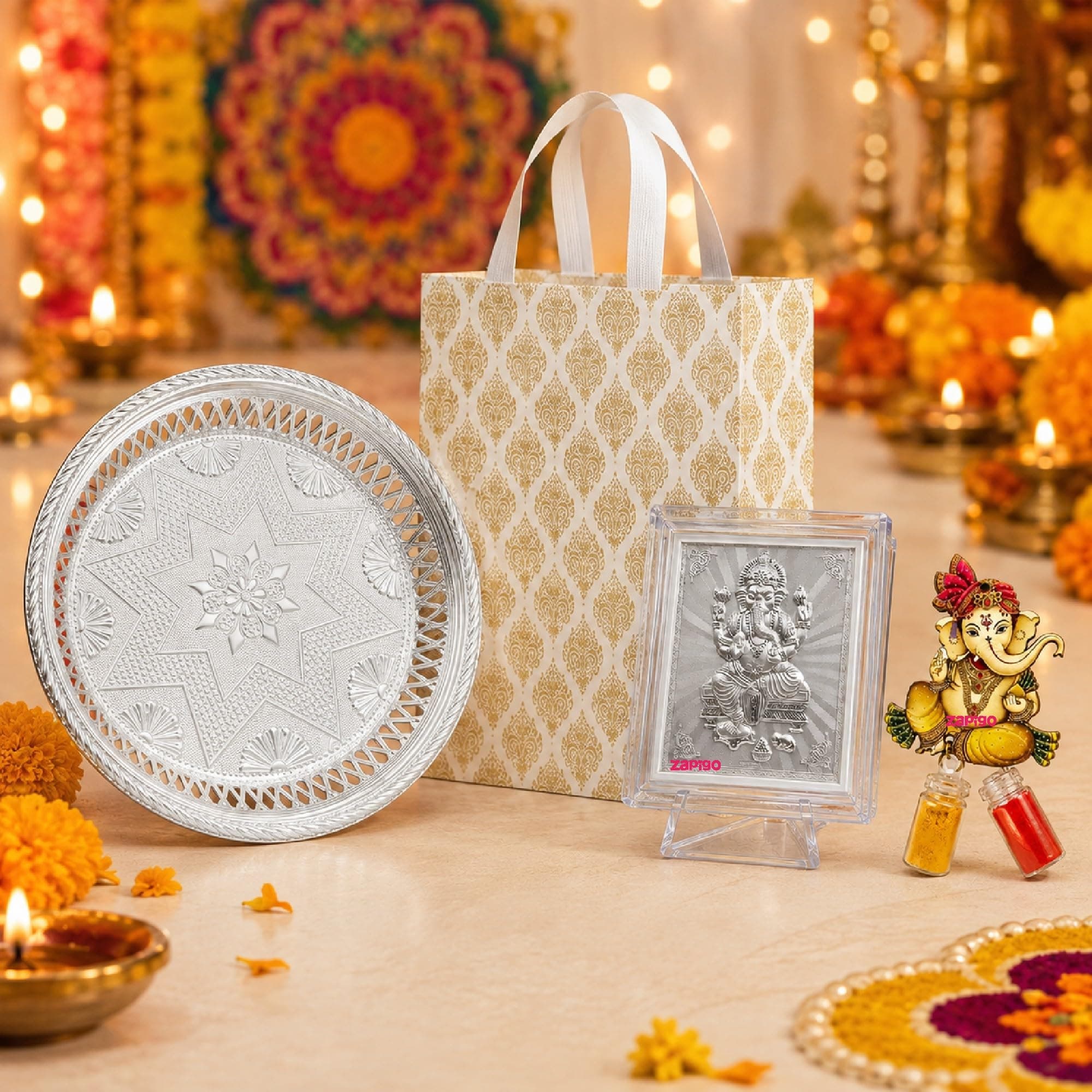 Habba Ganesha Frame Pooja Return Gift Combo with Ganesha Kumkum, Silver Plate & Festive Bag, Traditional Haldi Kumkum Tambulam Hamper for Ganesh Chaturthi, Weddings & Festivals, Pack of 5 thumbnail 1
