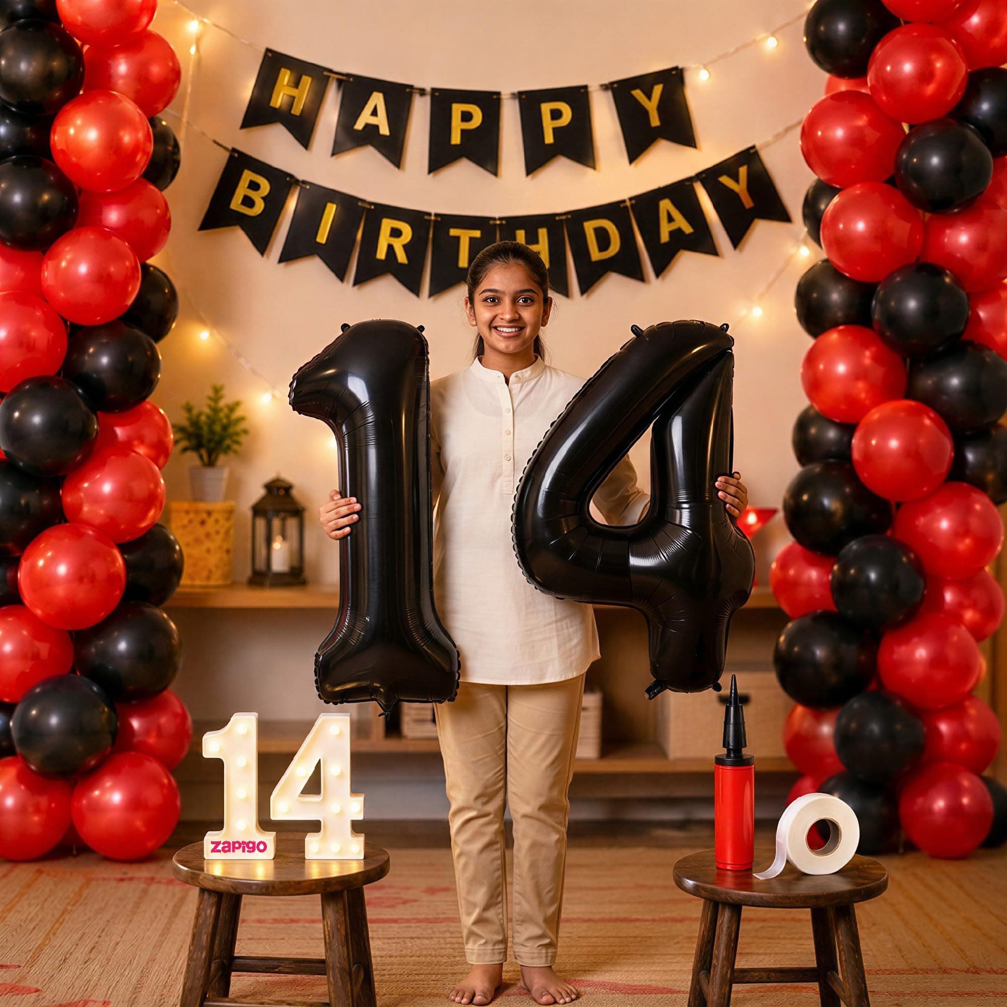 Balloonistics 14th Birthday Decoration Combo Kit - 40 Inch Black Foil Number Balloon, LED Marquee Light, 50 Black & Red Balloons, Happy Birthday Banner, Balloon Pump & Glue Dots thumbnail 1
