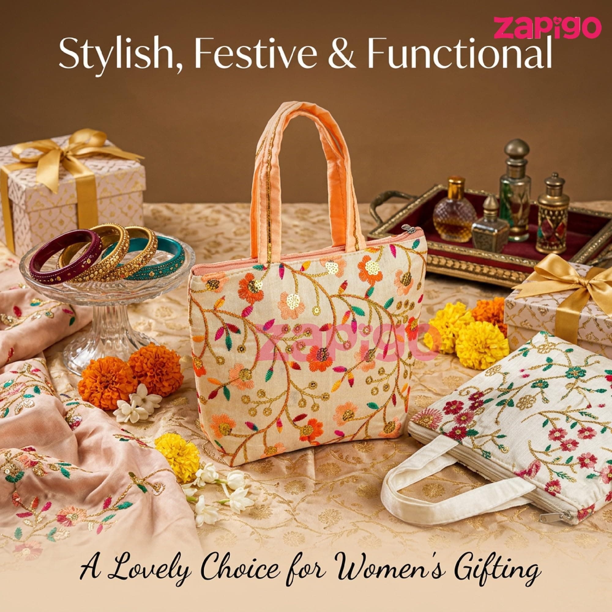 Habba Embroidered Floral Tote Bag for Women, Zip Closure Compact Ethnic Festive Wedding, Mehendi, Haldi, Navratri, Diwali, Baby Shower, Gruhapravesam Return Gift Bag, Pack of 10 thumbnail 7