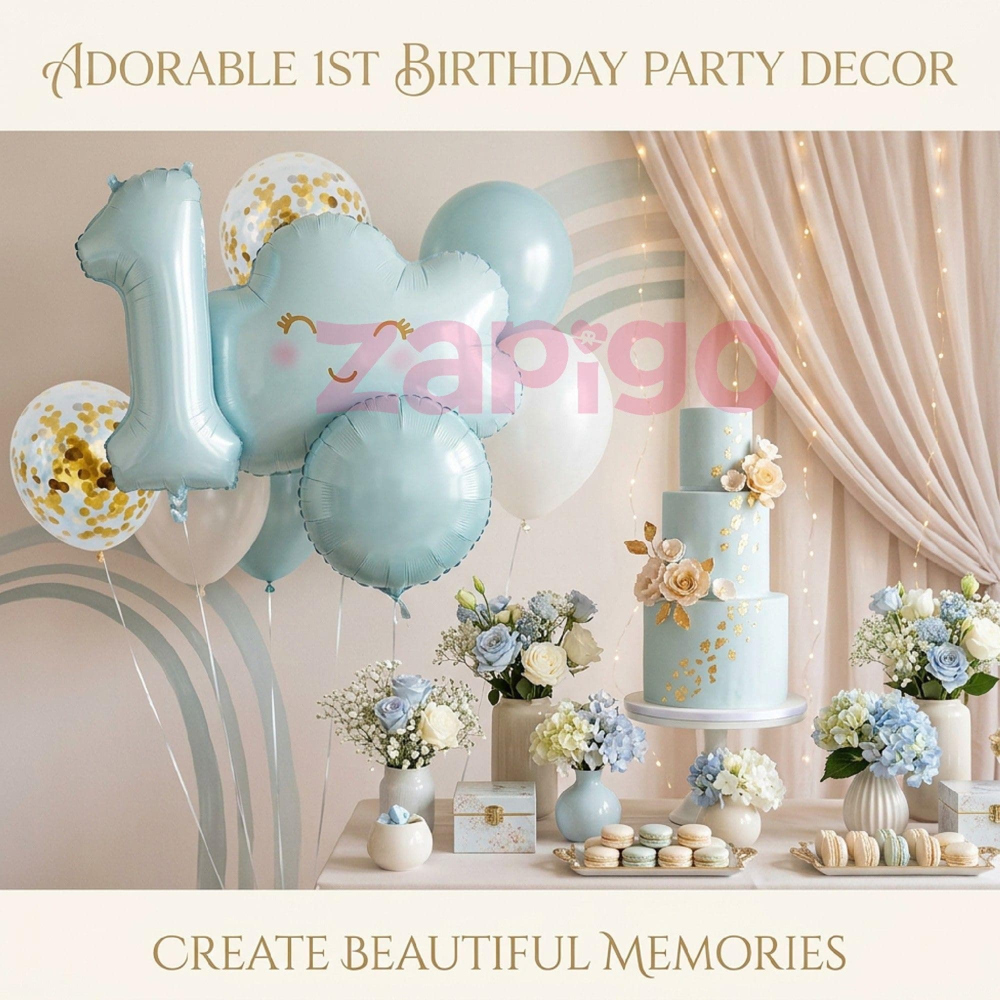 Balloonistics 1st Birthday Blue Cloud Theme Balloon Bouquet - Pack of 9 | Number 1 Foil, Smiling Cloud, Round Foil, Gold Confetti & Latex Balloons | Baby Boy First Birthday Decoration Set thumbnail 3
