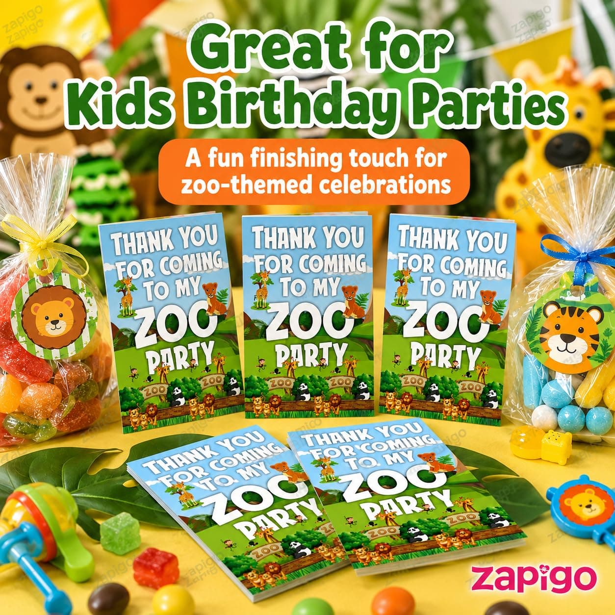Balloonistics Zoo Theme Thank You Cards - Pack of 20 Premium Matte Note Cards - Lion, Giraffe & Zebra Jungle Safari Stationery with Matching Envelopes - Post-Party Gratitude for Kids Birthdays (Thank you Cards - Pack of 20) thumbnail 8