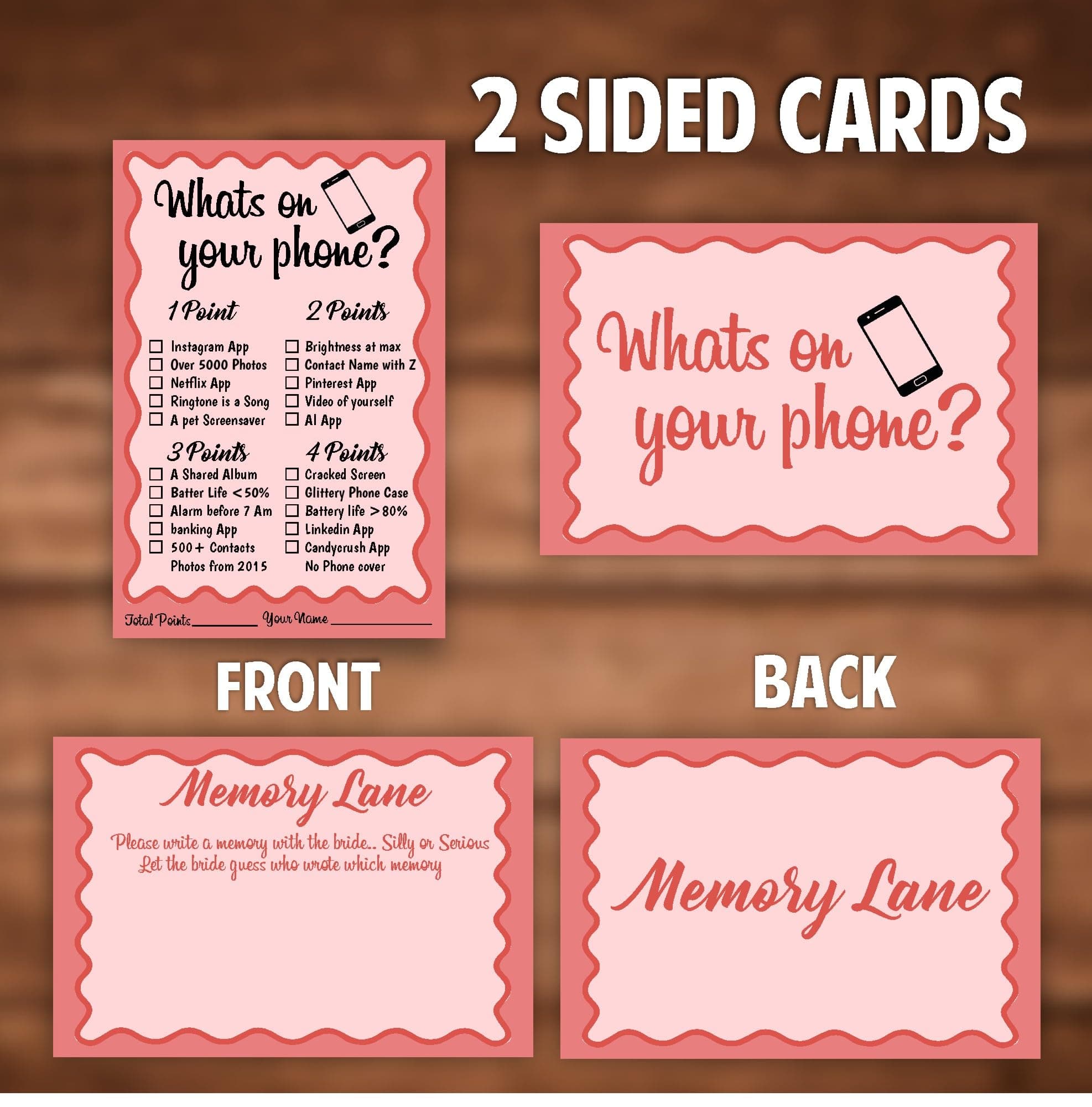 Balloonistics 2-in-1 Bridal Shower Game Cards – Pack of 10 Double-Sided Cards – “What’s on Your Phone?” & “Favourite Memory with the Bride” – Premium Pink Floral Bachelorette & Hens Party Supplies thumbnail 4