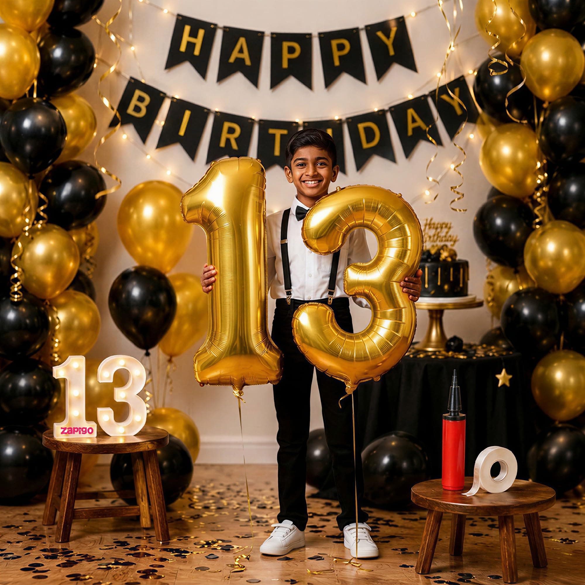 Balloonistics 13th Birthday Decoration Combo Kit - 40 Inch Gold Foil Number Balloon, LED Marquee Light, 50 Black & Gold Balloons, Happy Birthday Banner, Balloon Pump & Glue Dots thumbnail 1