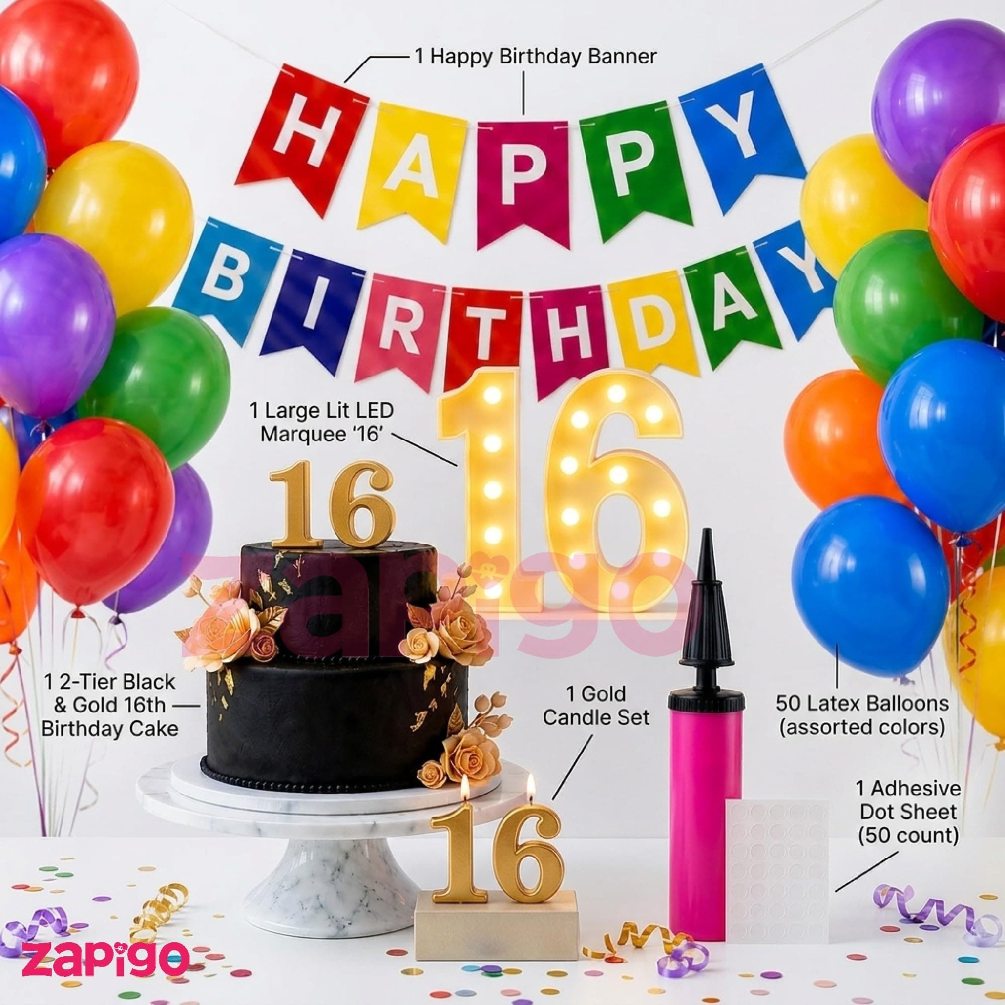 Balloonistics 55 Pcs 16th Birthday Decoration Kit – Number 16 Foil Balloons, Happy Birthday Banner, Latex Balloons & Arch Tools for Party Room Decor, Balloon Garland, Photo Booth Backdrop thumbnail 5